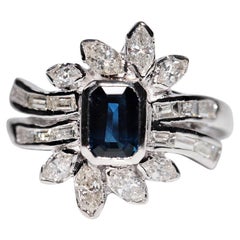 Vintage 18k Gold Natural Pear And Baguette Cut Diamond And Sapphire Ring