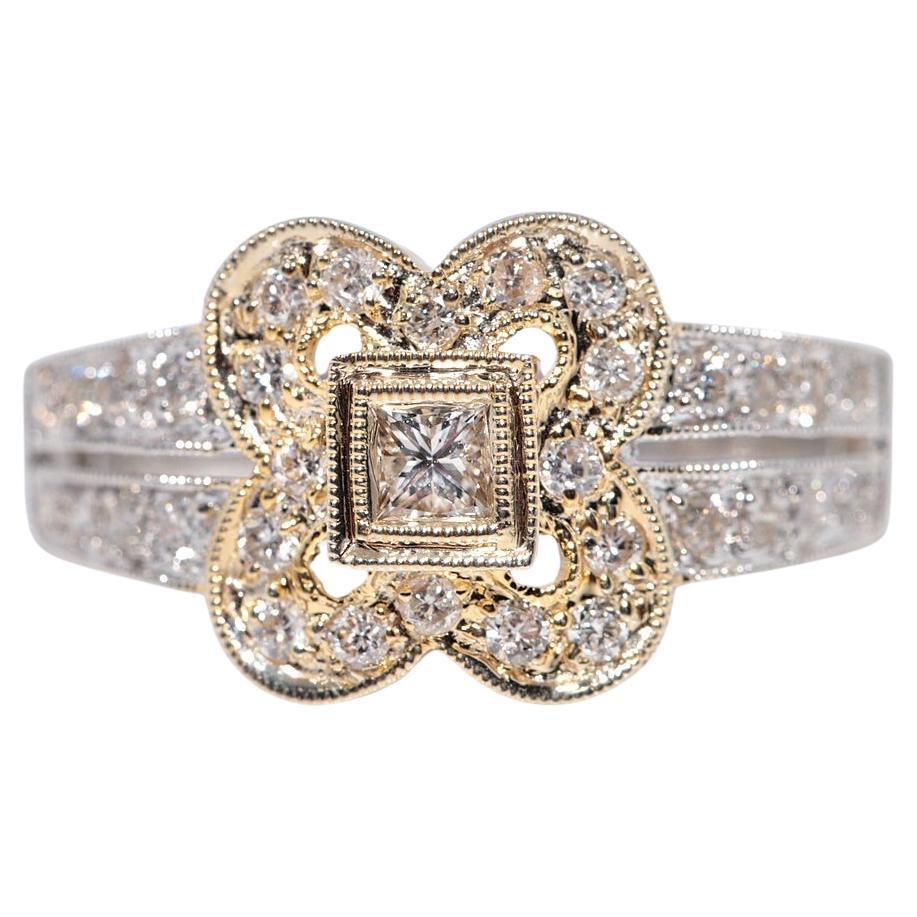 Vintage 18k Gold Natural Princess Cut Diamond and Brilliant Cut Diamond Ring (Bague en or 18k avec diamant taille princesse et diamant taille brillant)