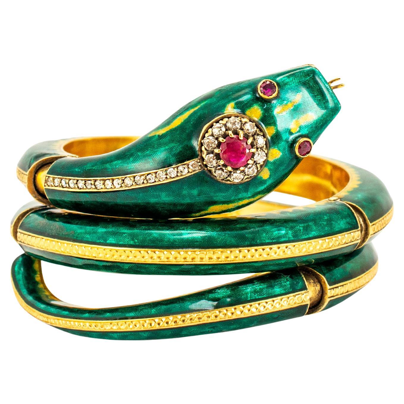 Vintage 18K Gold Old Diamond Ruby Green Enamel Snake Serpent Bangle Bracelet For Sale