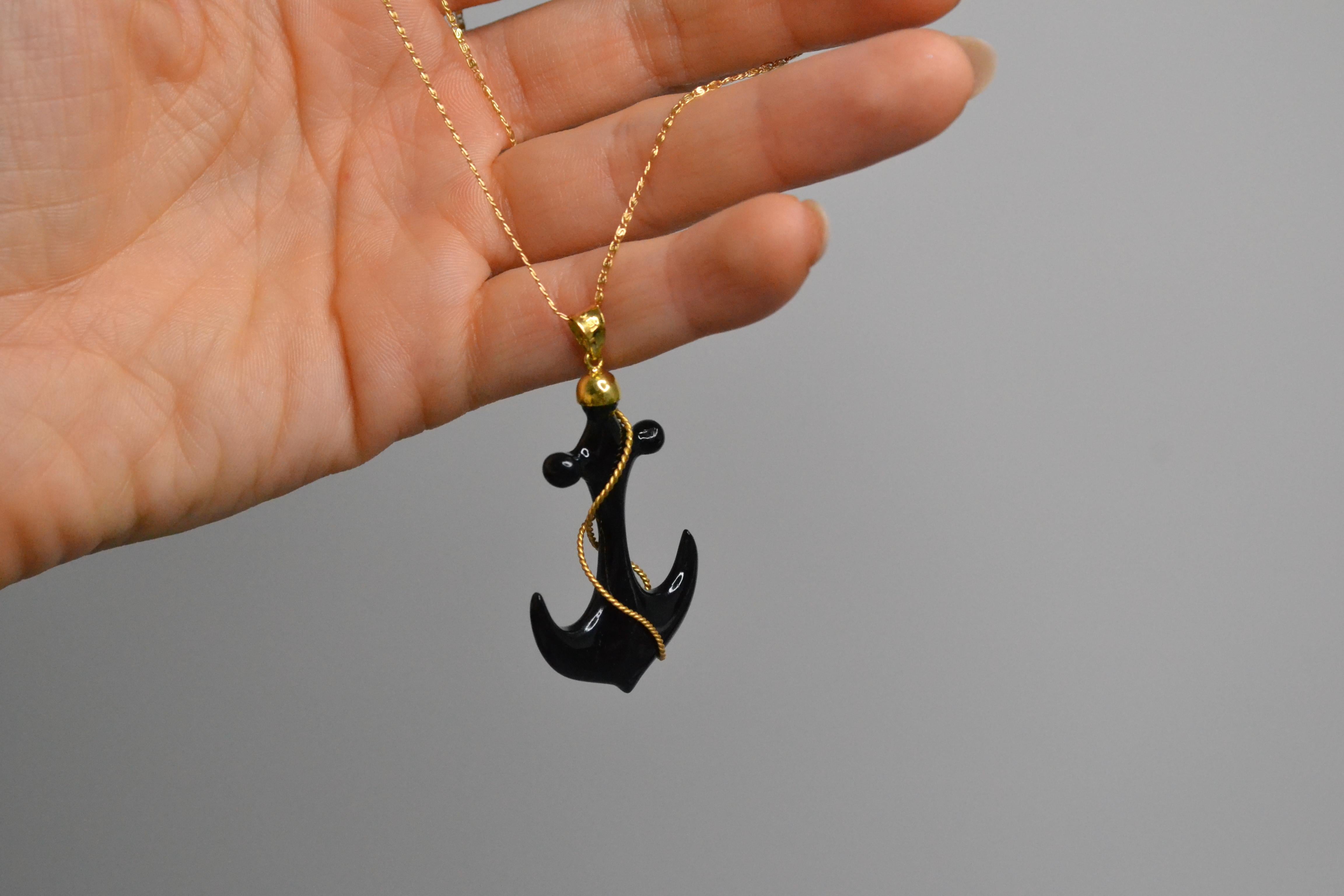 Cabochon Vintage 18k Gold Onyx Anchor Pendant Limited Edition