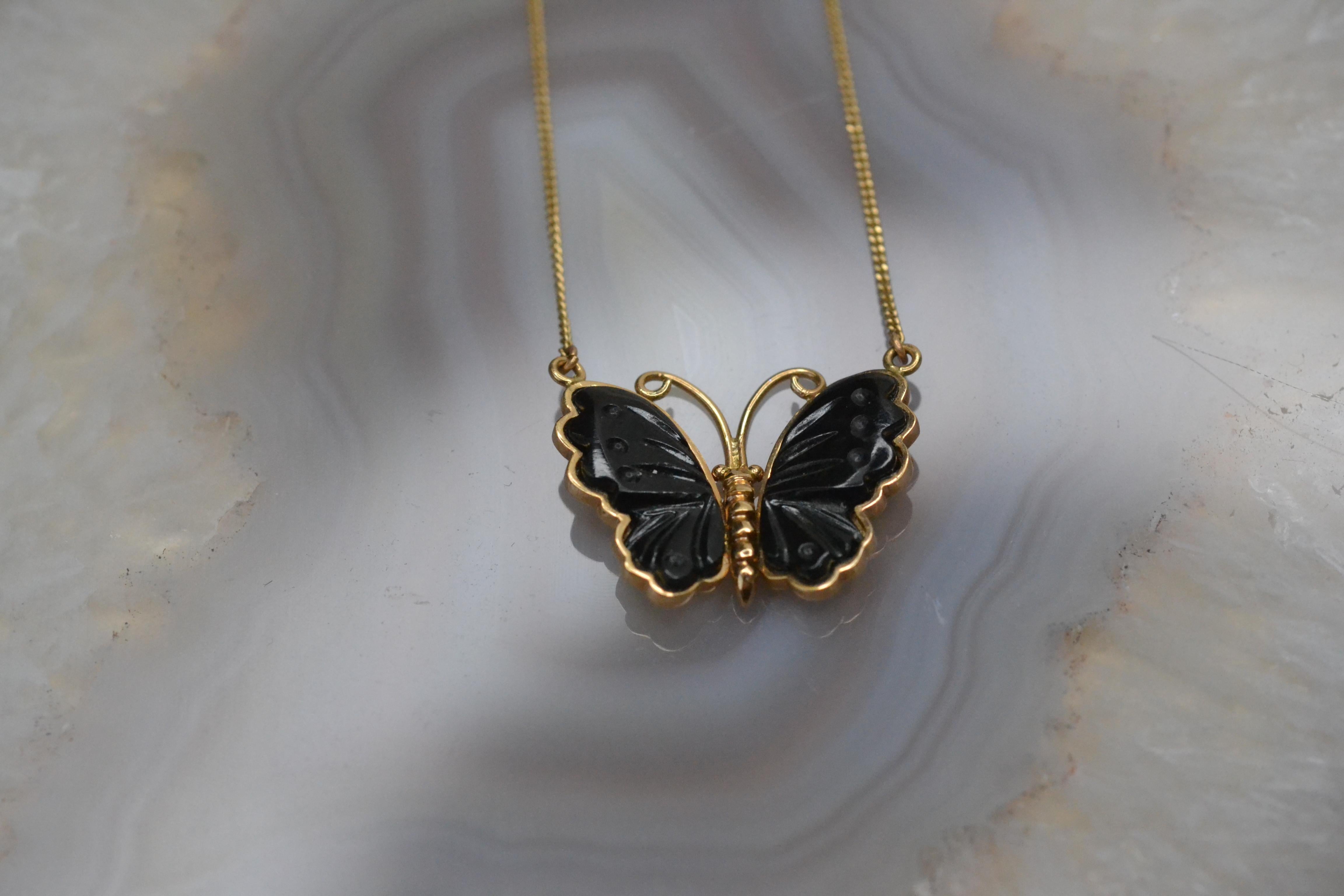 18 Karat Gold Onyx Schmetterlingshalskette Einzigartig (Gemischter Schliff) im Angebot