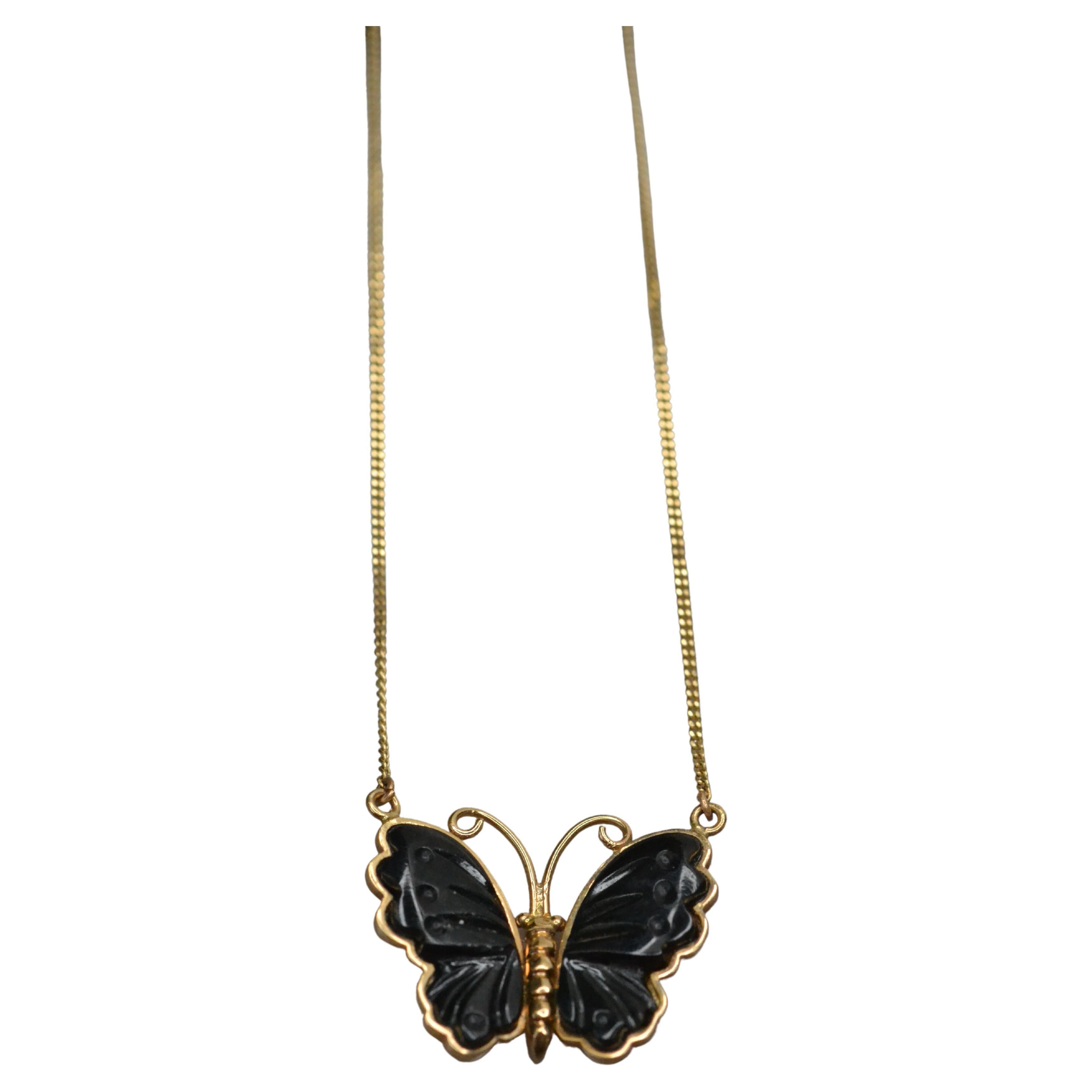 Vintage 18k Gold Onyx Butterfly Necklace One-of-a-kind For Sale