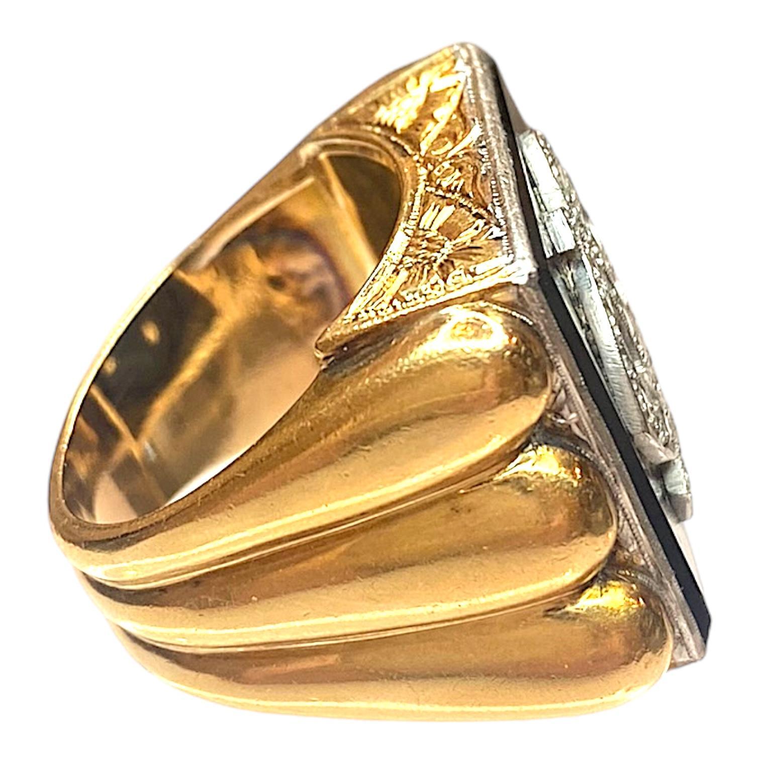 Round Cut Vintage 18K Gold Onyx & Diamond Large Signet Ring