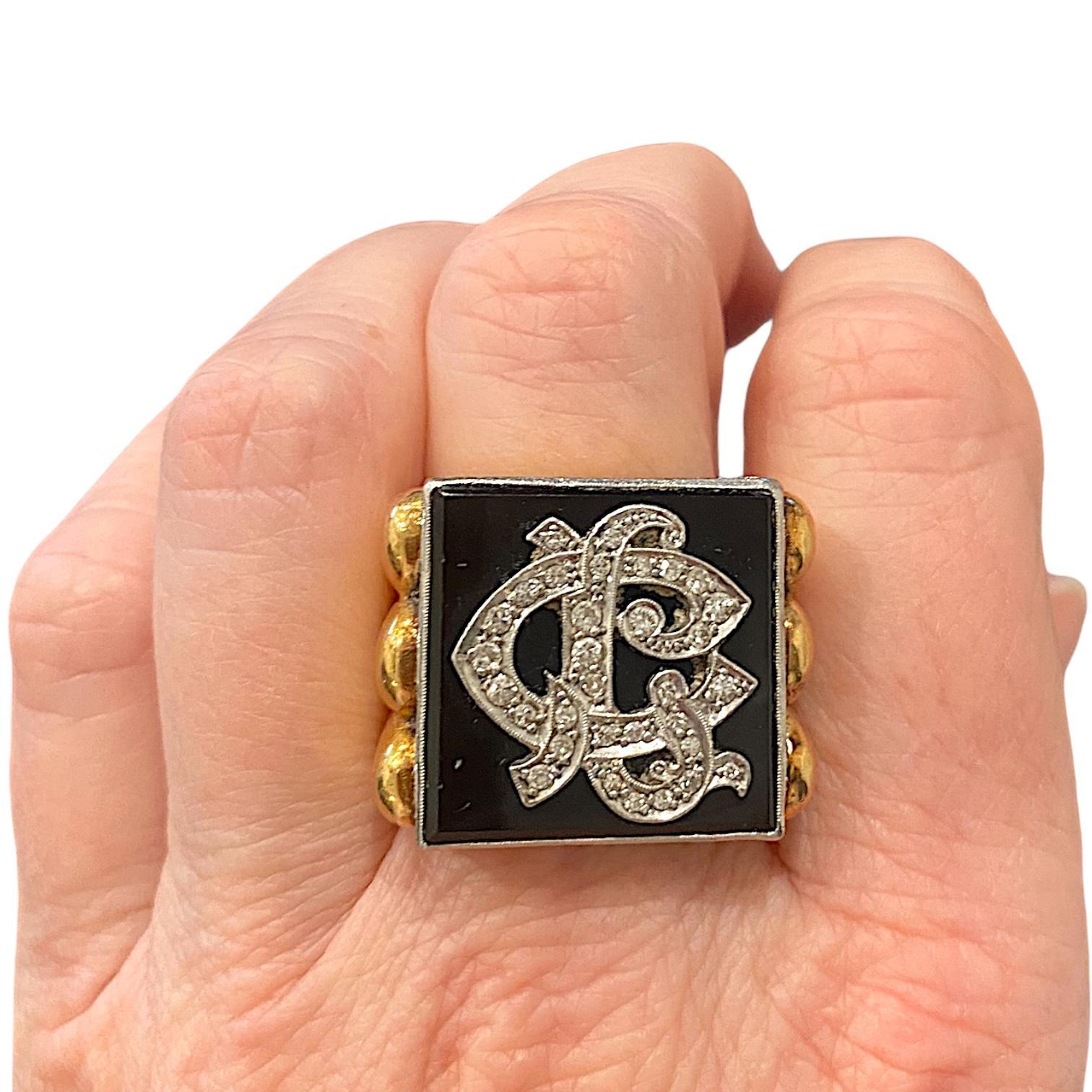Vintage 18K Gold Onyx & Diamond Large Signet Ring In Good Condition In Henderson, NV