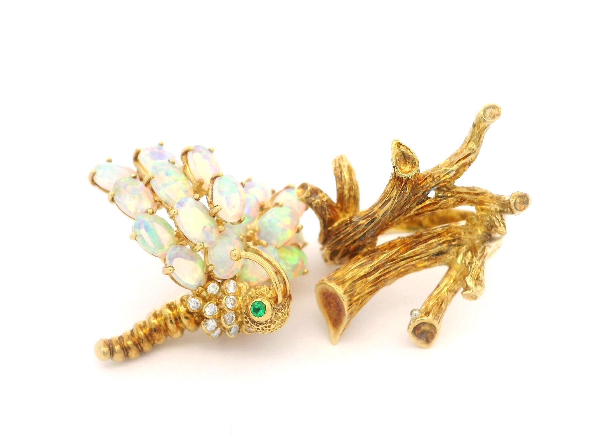 Vintage 18k Gold Opal Diamond Emerald Caterpillar Butterfly Pin Brooch Ring Set 13