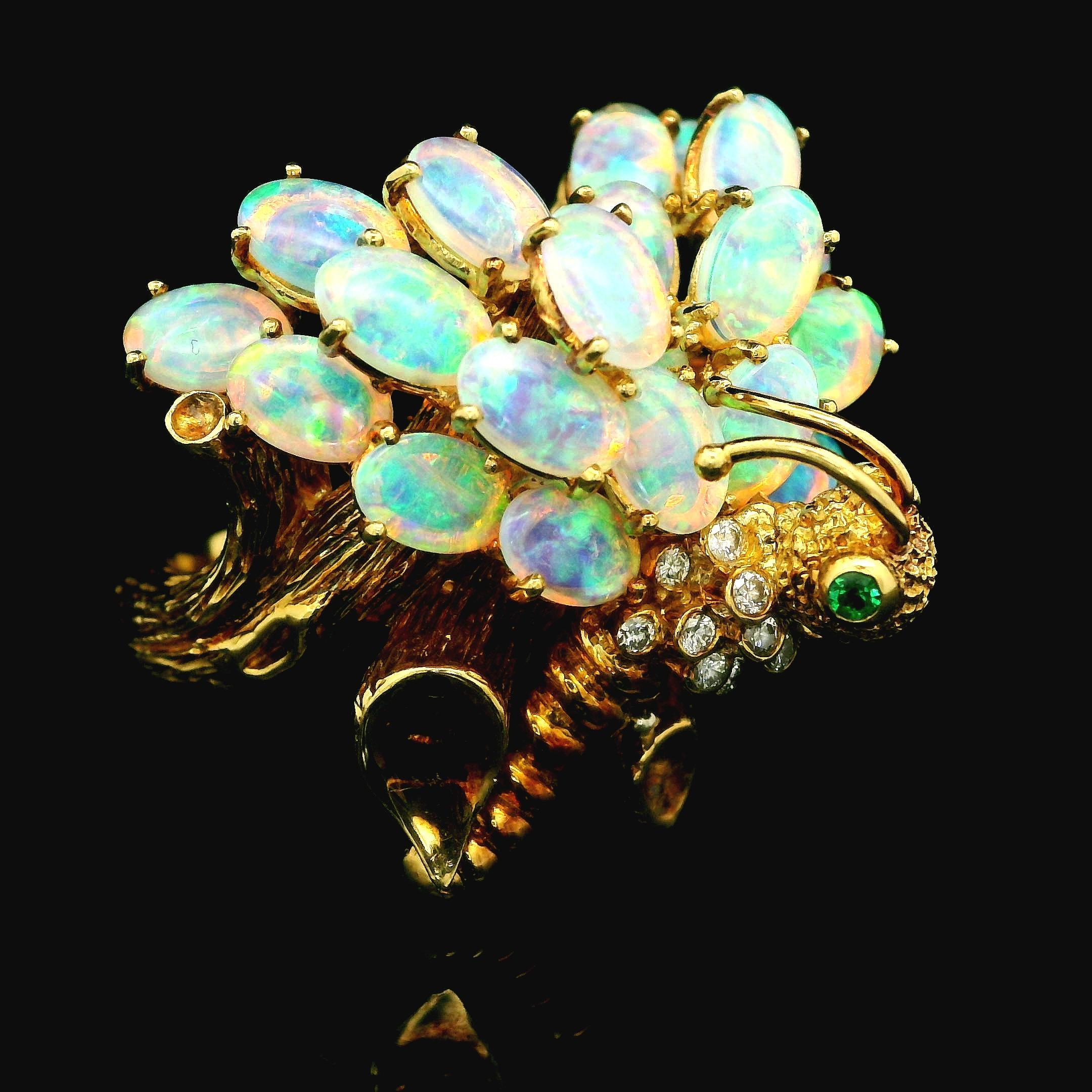 Vintage 18k Gold Opal Diamond Emerald Caterpillar Butterfly Pin Brooch Ring Set 14