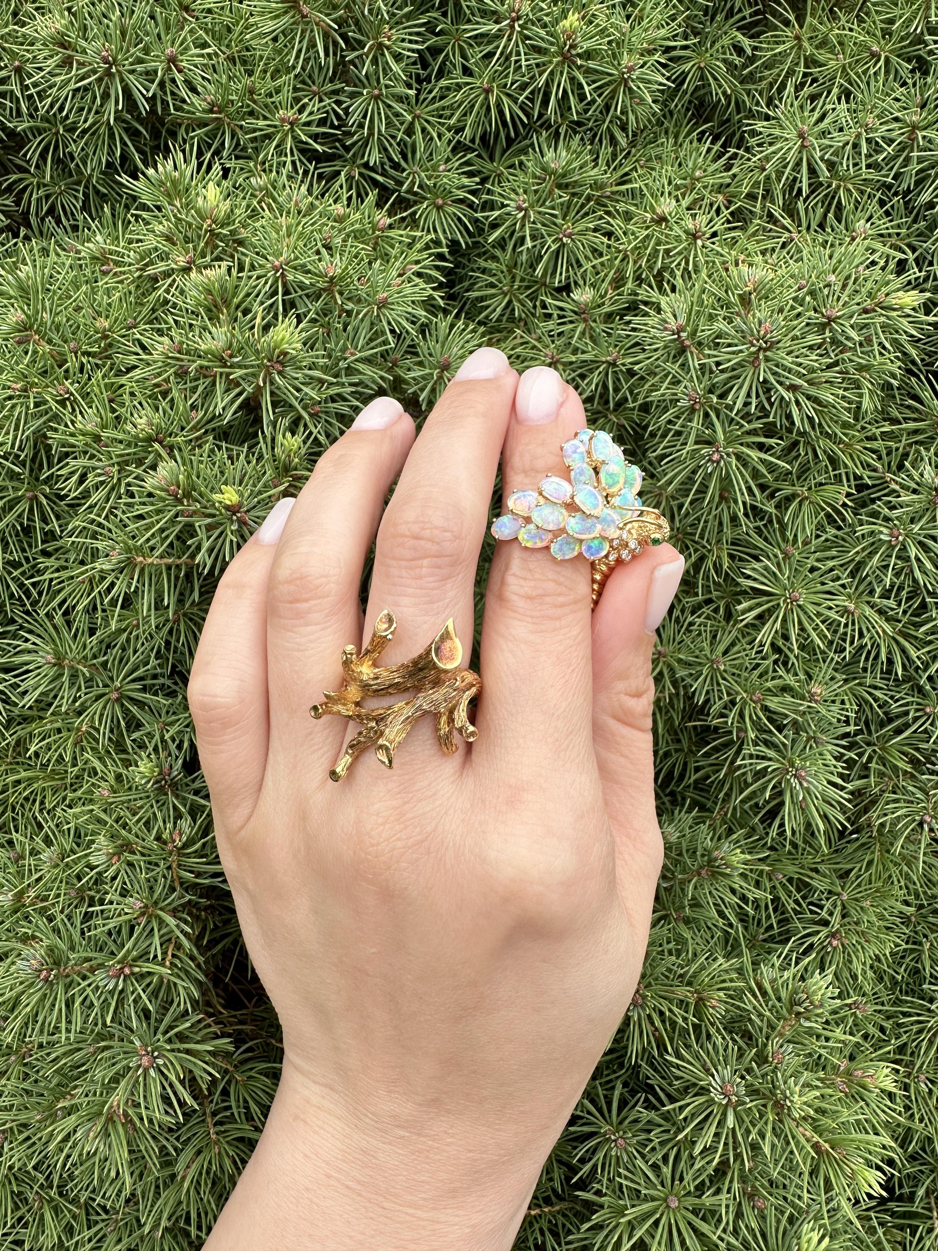 Vintage 18k Gold Opal Diamond Emerald Caterpillar Butterfly Pin Brooch Ring Set In Excellent Condition In Montclair, NJ