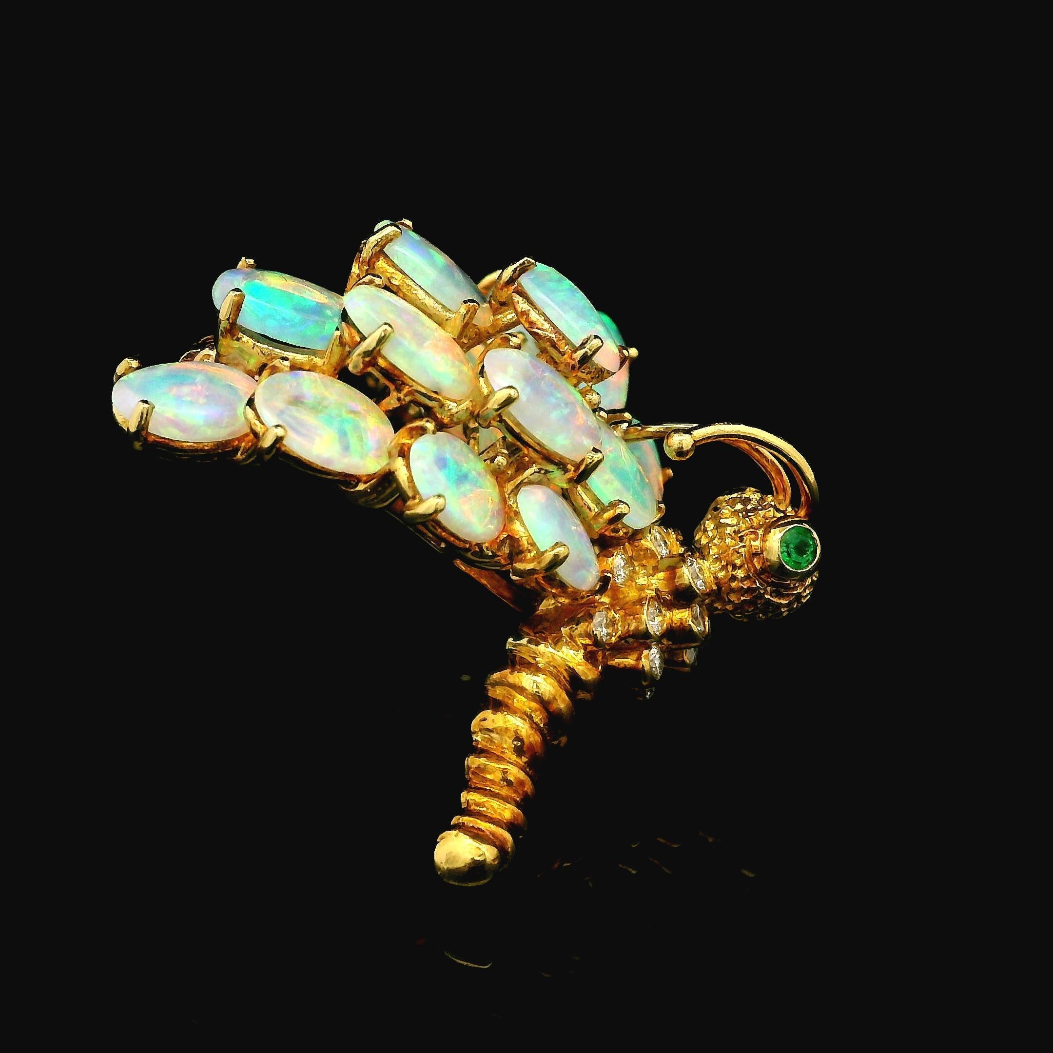 Vintage 18k Gold Opal Diamond Emerald Caterpillar Butterfly Pin Brooch Ring Set 3