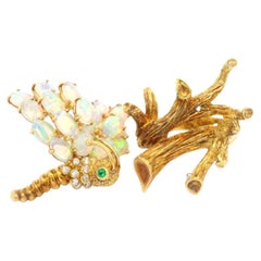 Vintage 18k Gold Opal Diamond Emerald Caterpillar Butterfly Pin Brooch Ring Set