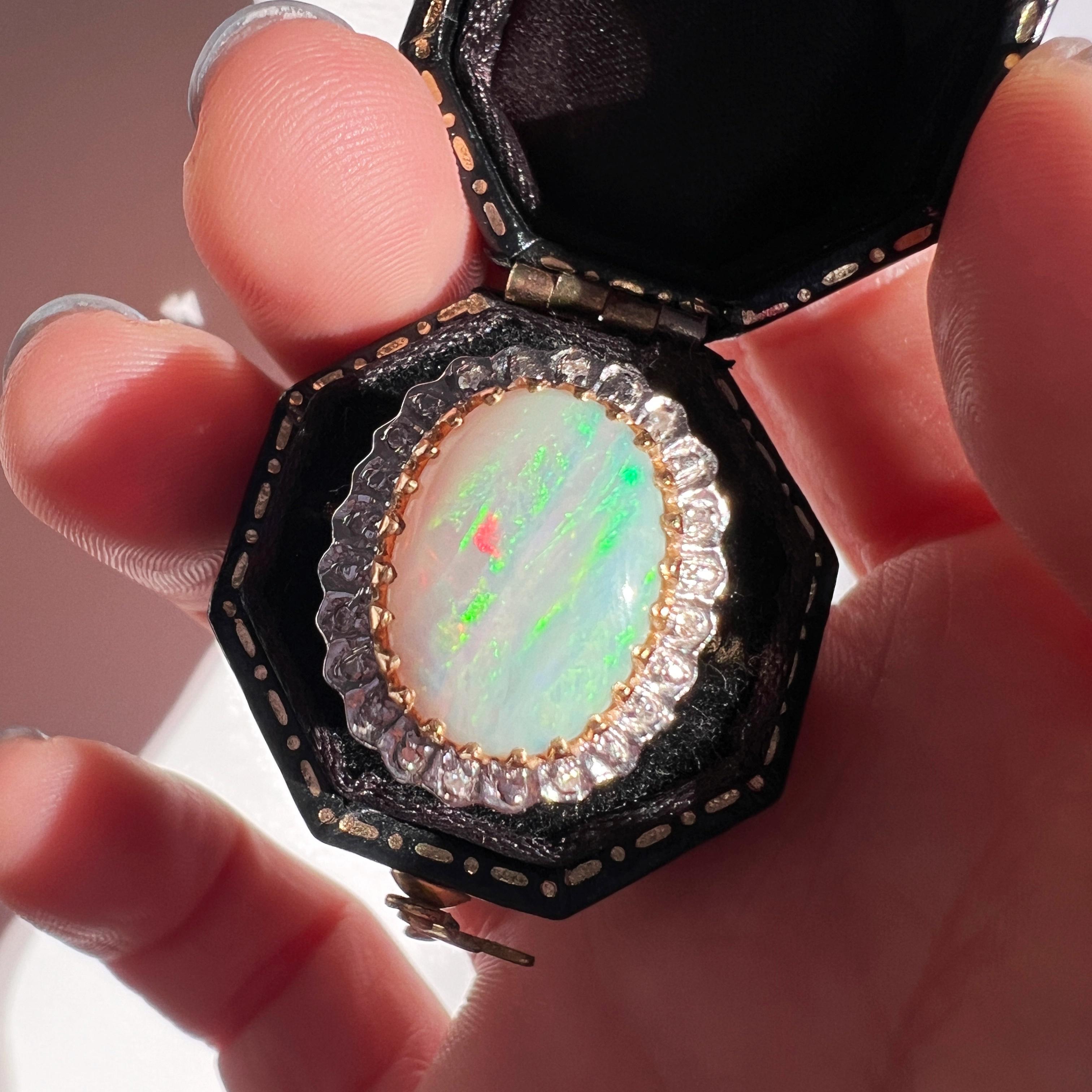Art Deco Vintage 18K gold opal diamond halo cocktail ring For Sale