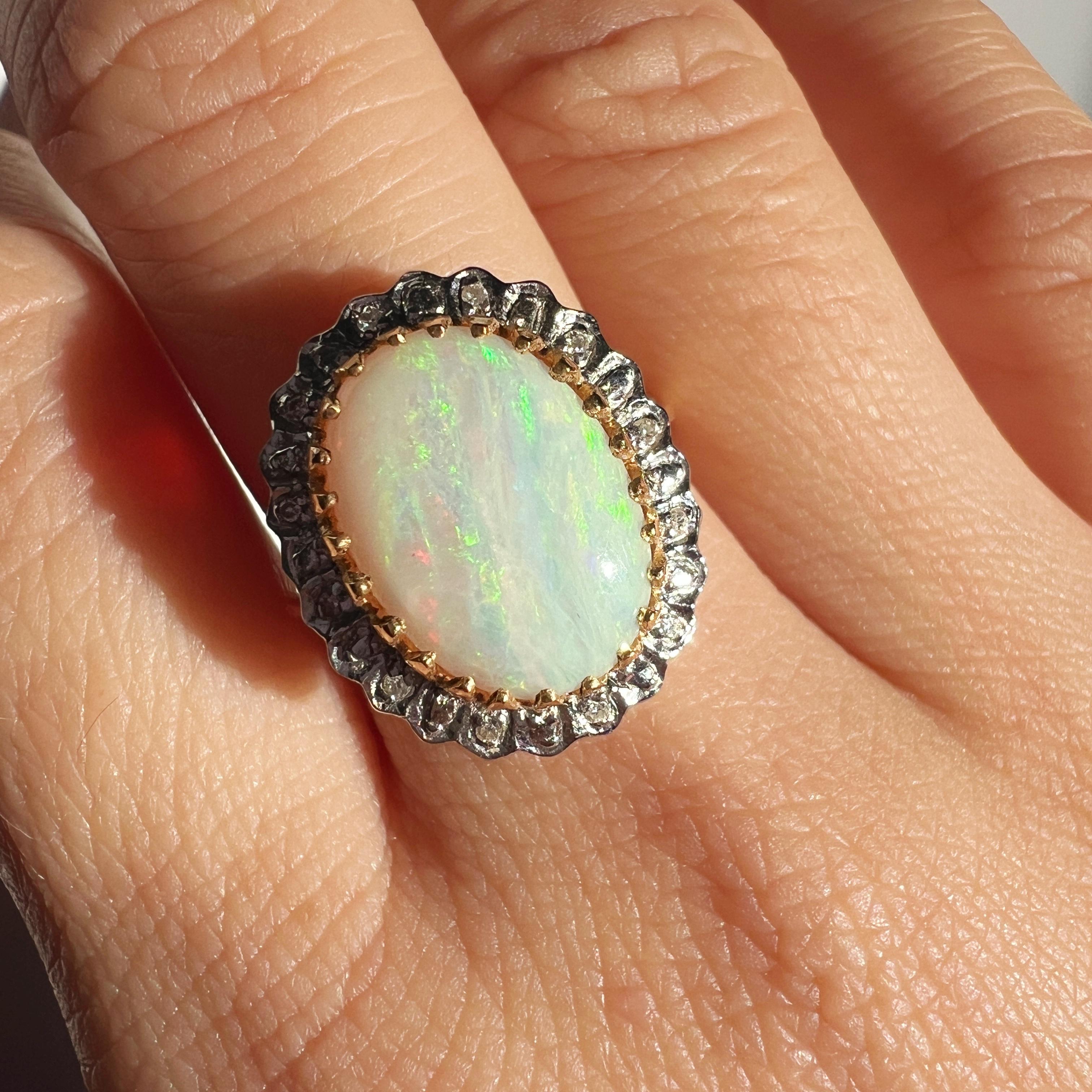 Old European Cut Vintage 18K gold opal diamond halo cocktail ring For Sale