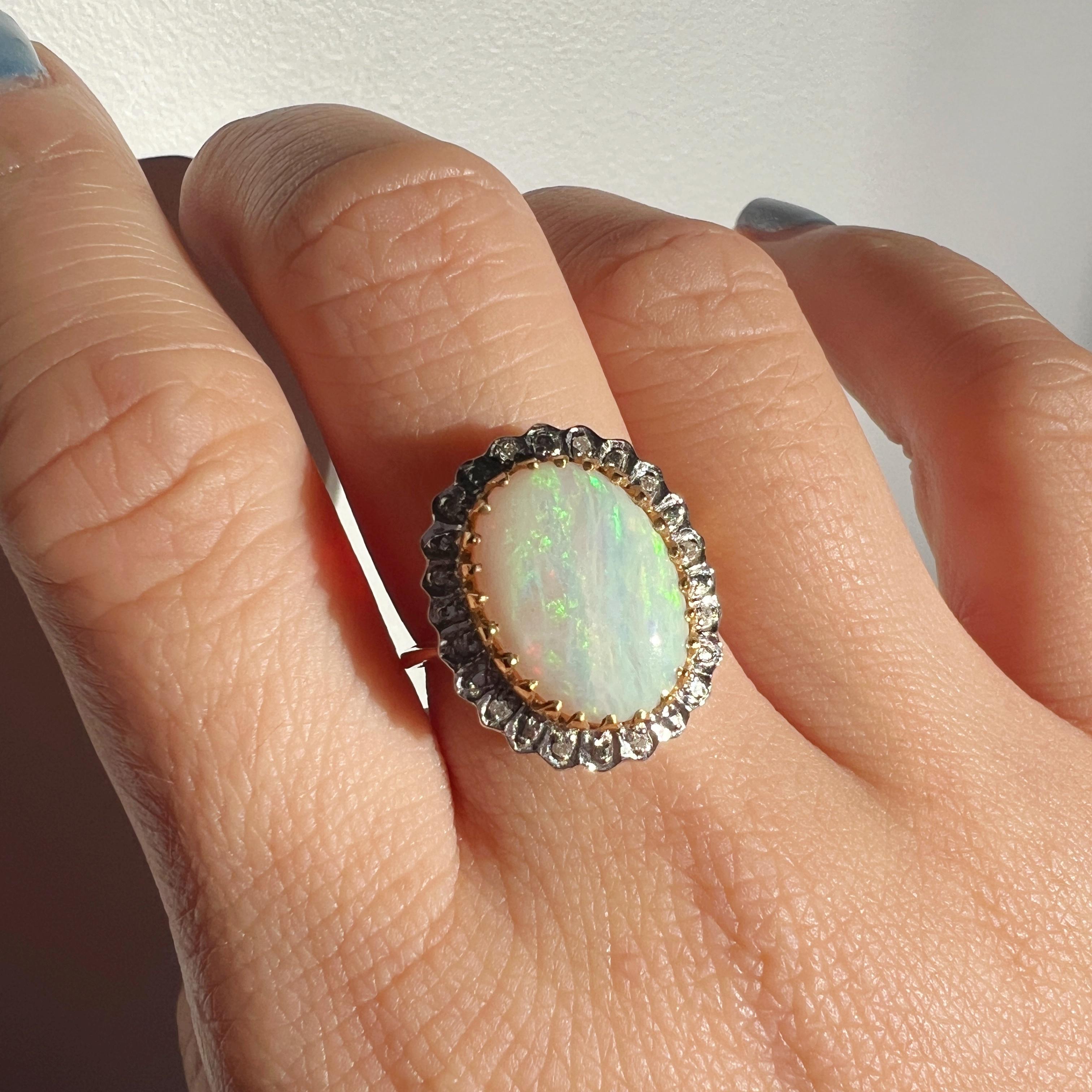 Women's or Men's Vintage 18K gold opal diamond halo cocktail ring For Sale