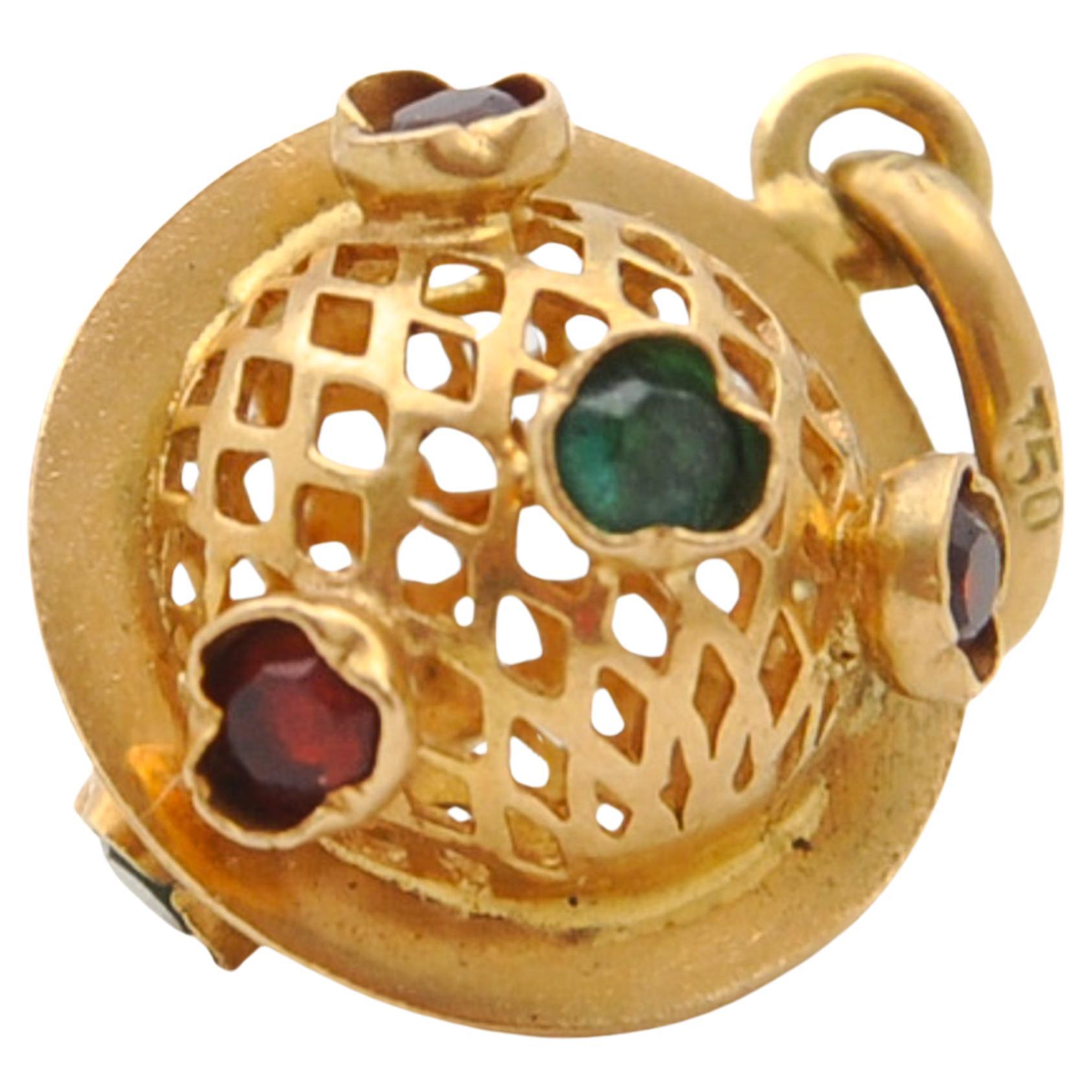 Vintage 18K Gold Openwork Gemstones Charm Pendant