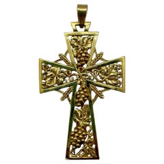 Vintage 18k Gold Ornate Cross Pendant – French Artisan Work with Grape and Vine