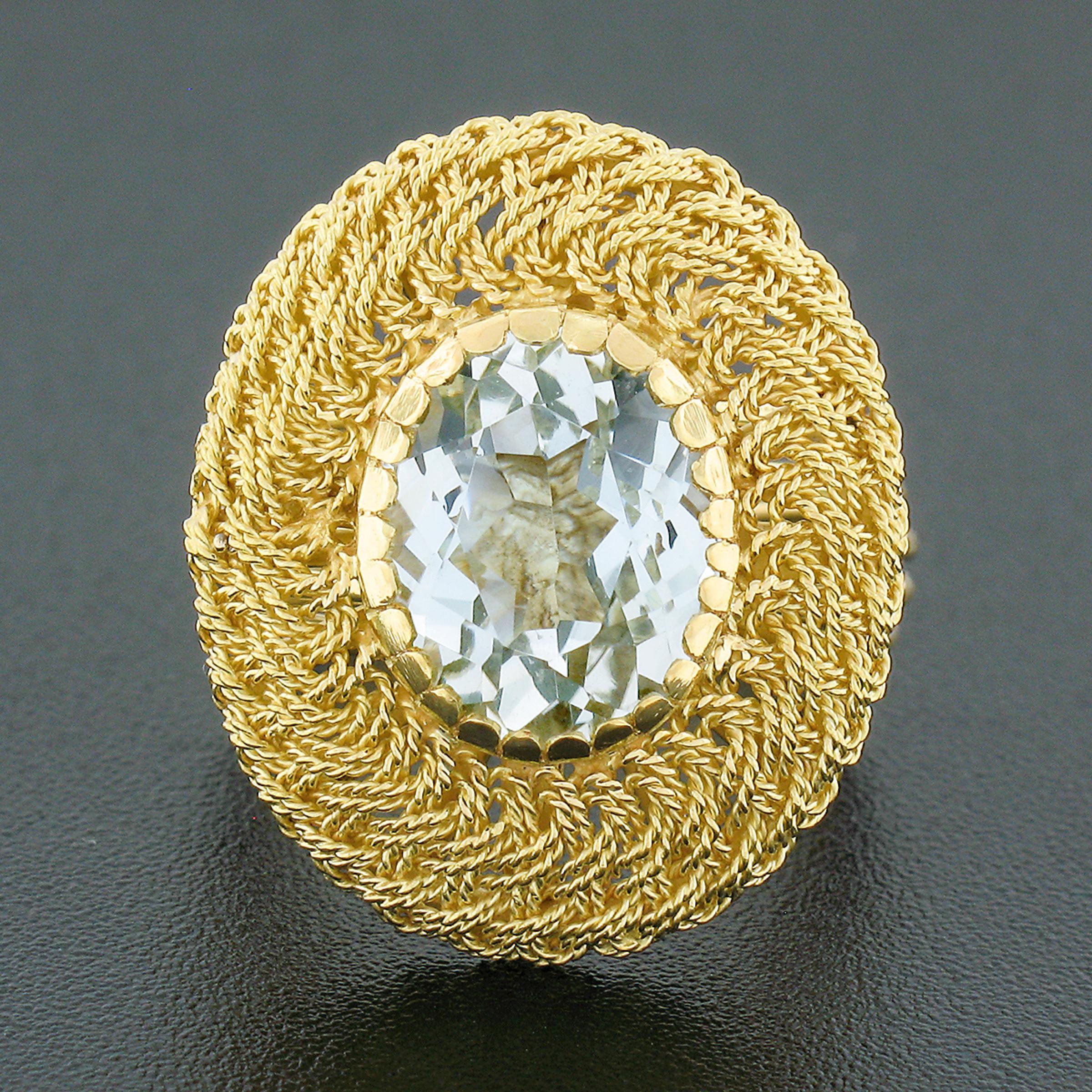 Oval Cut Vintage 18K Gold Oval Aquamarine Solitaire Braided Hand Wire Work Cocktail Ring For Sale