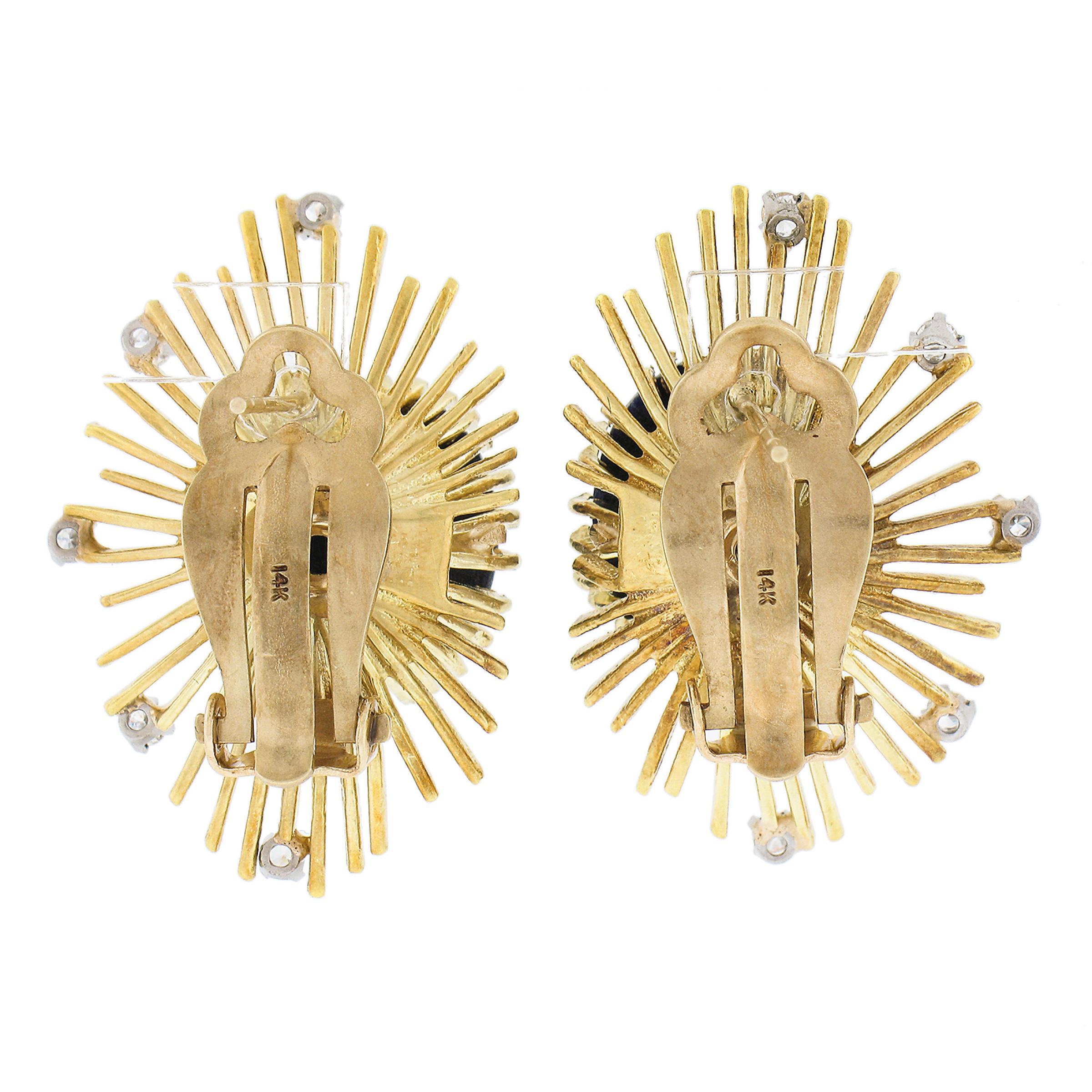 Oval Cut Vintage 18K Gold Oval Cabochon Lapis w/ 0.30ctw Diamond Spray Modernist Earrings For Sale