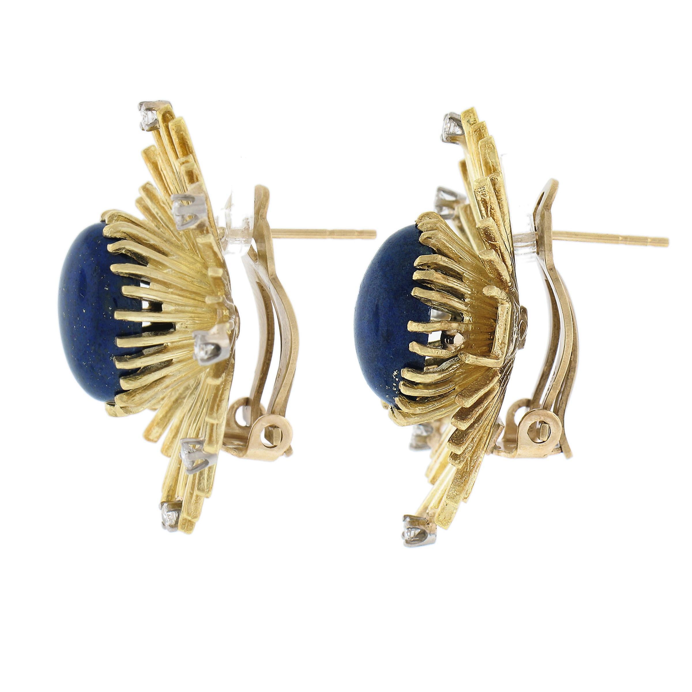 Vintage 18K Gold Oval Cabochon Lapis w/ 0.30ctw Diamond Spray Modernist Earrings In Excellent Condition For Sale In Montclair, NJ