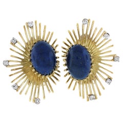 Vintage 18K Gold Oval Cabochon Lapis w/ 0.30ctw Diamond Spray Modernist Earrings