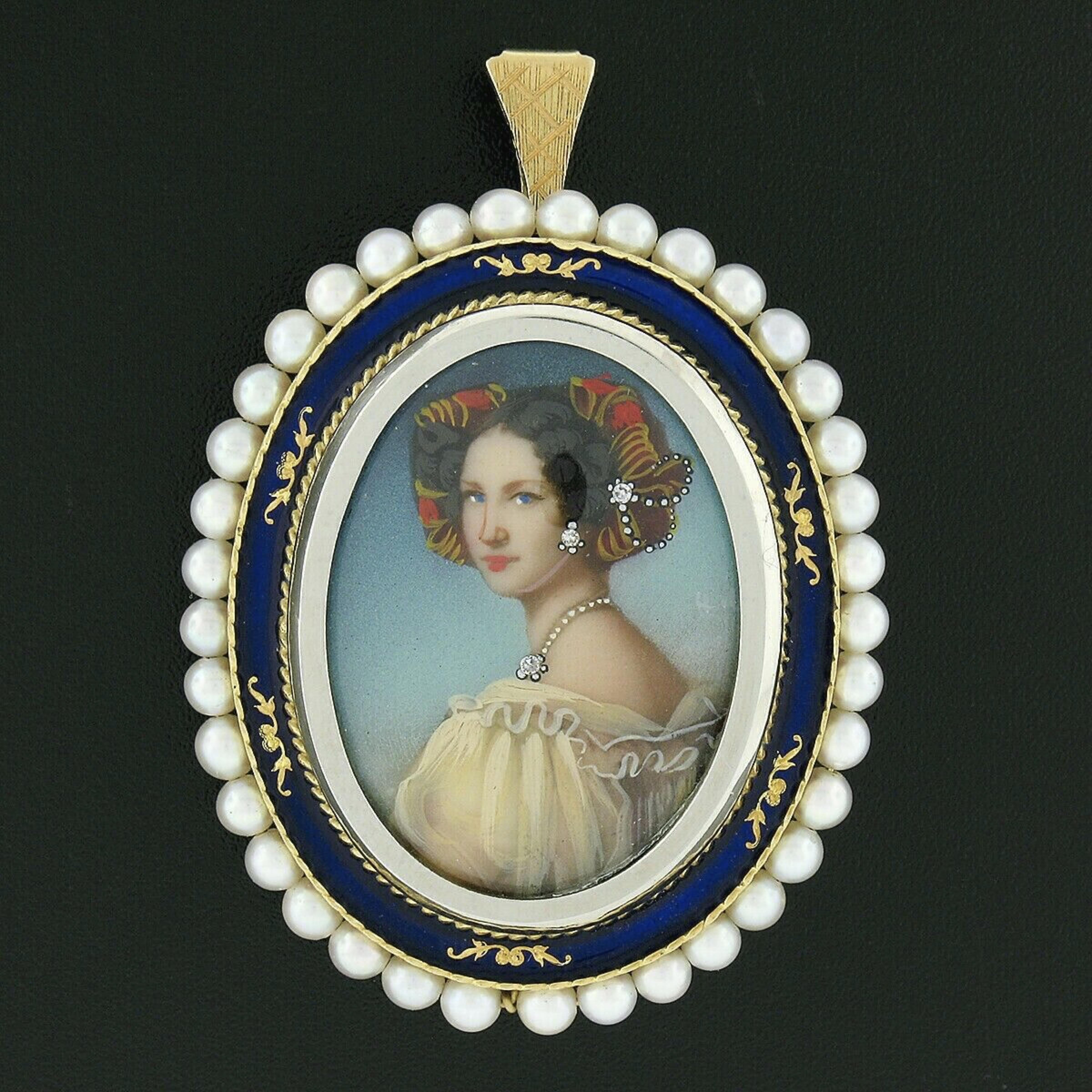 Here we have a magnificent vintage pendant or brooch that was crafted from solid 18k yellow and white gold featuring an oval-shaped hand painted portrait of a woman topped with glass. The portrait is neatly bezel set in white gold showing absolutely