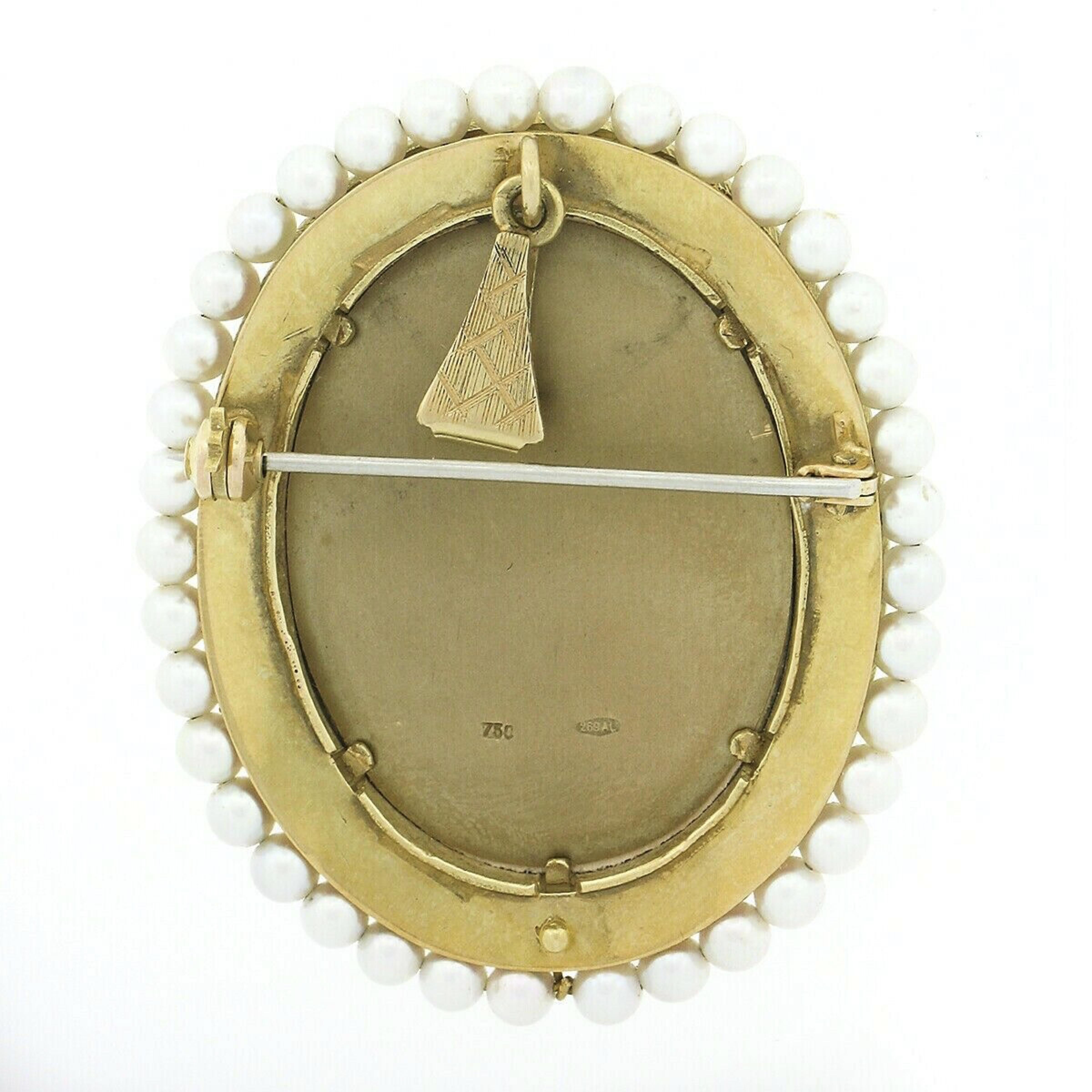 Taille ronde Pendentif broche vintage en or 18 carats avec cadre en forme de portrait ovale peint, diamants et émail et perles en vente
