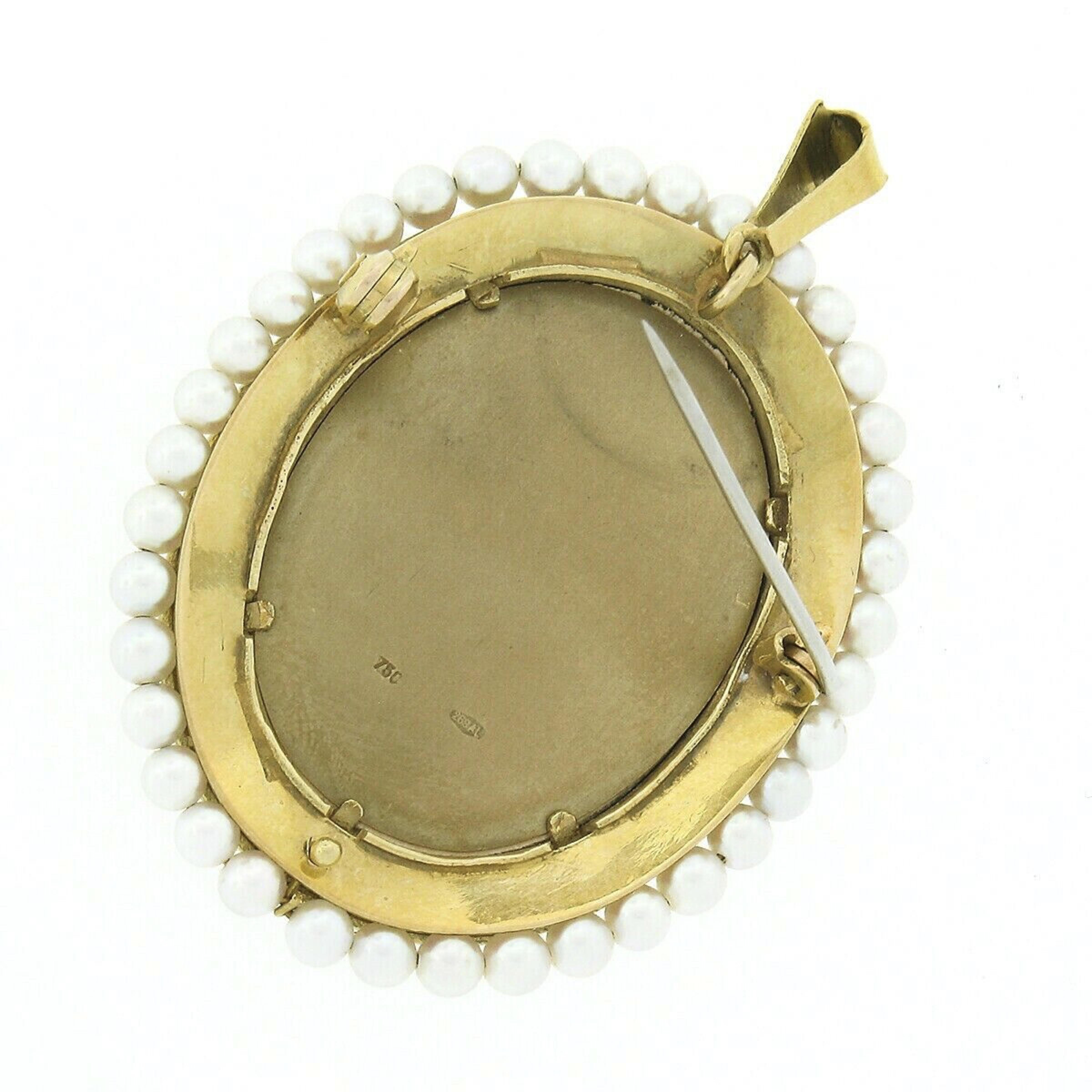 Pendentif broche vintage en or 18 carats avec cadre en forme de portrait ovale peint, diamants et émail et perles Bon état - En vente à Montclair, NJ