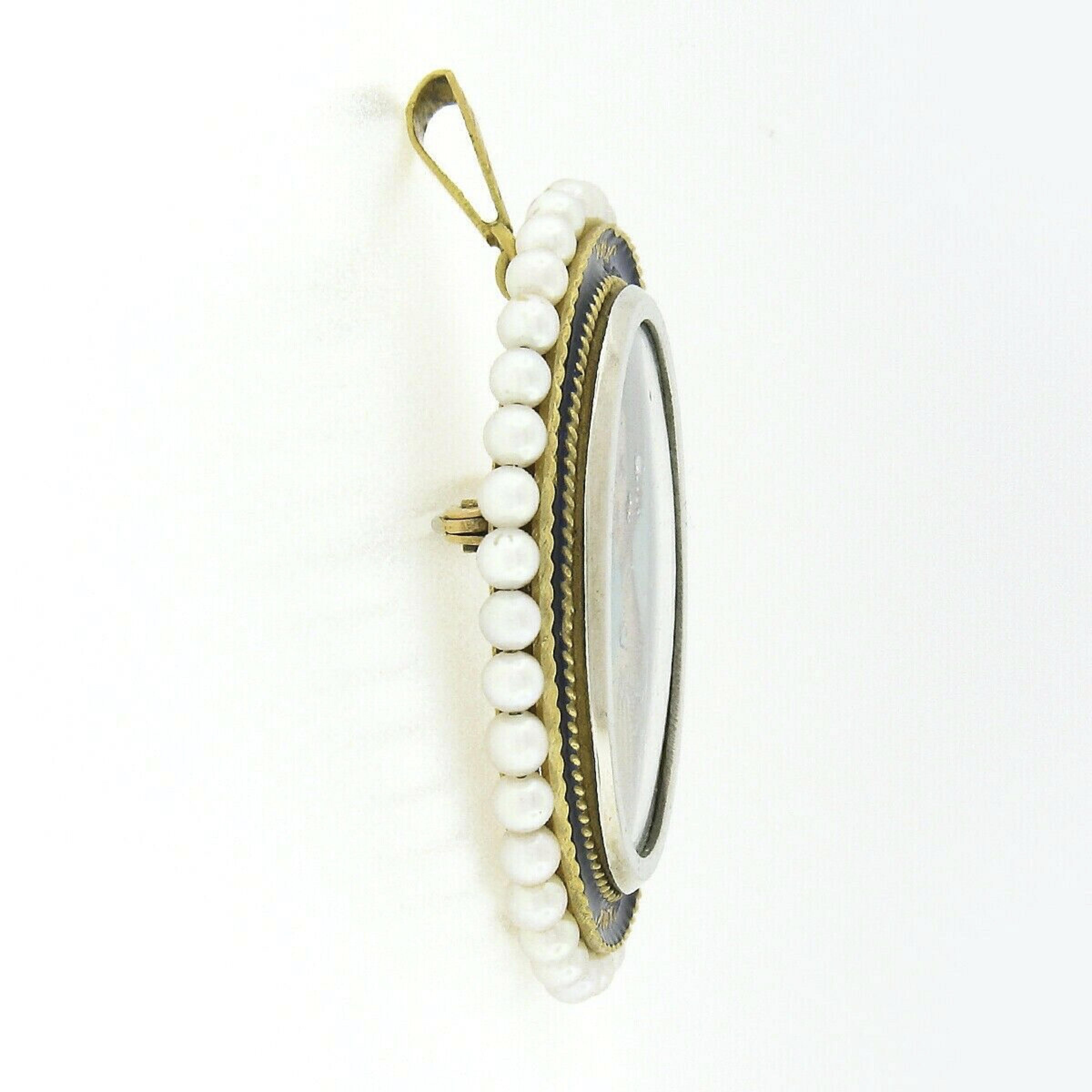 Pendentif broche vintage en or 18 carats avec cadre en forme de portrait ovale peint, diamants et émail et perles en vente 1
