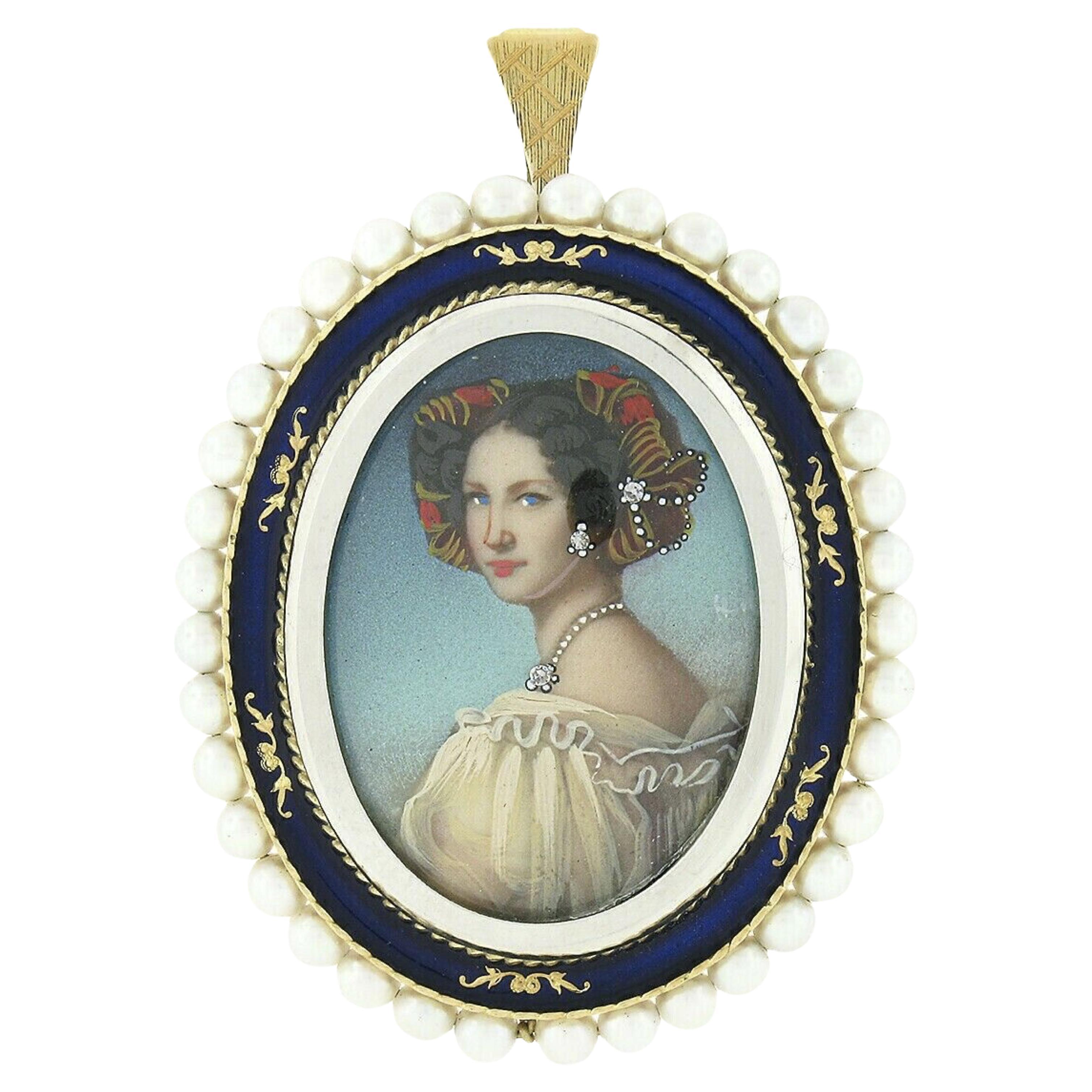 Pendentif broche vintage en or 18 carats avec cadre en forme de portrait ovale peint, diamants et émail et perles