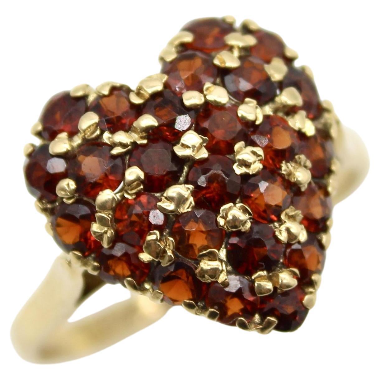 Vintage 18K Gold Pave Garnet Heart Ring For Sale