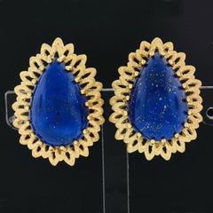 Vintage 14K Gold Pear Cabochon Lapis W/ Flare Open Work Frame Tear Drop Earrings