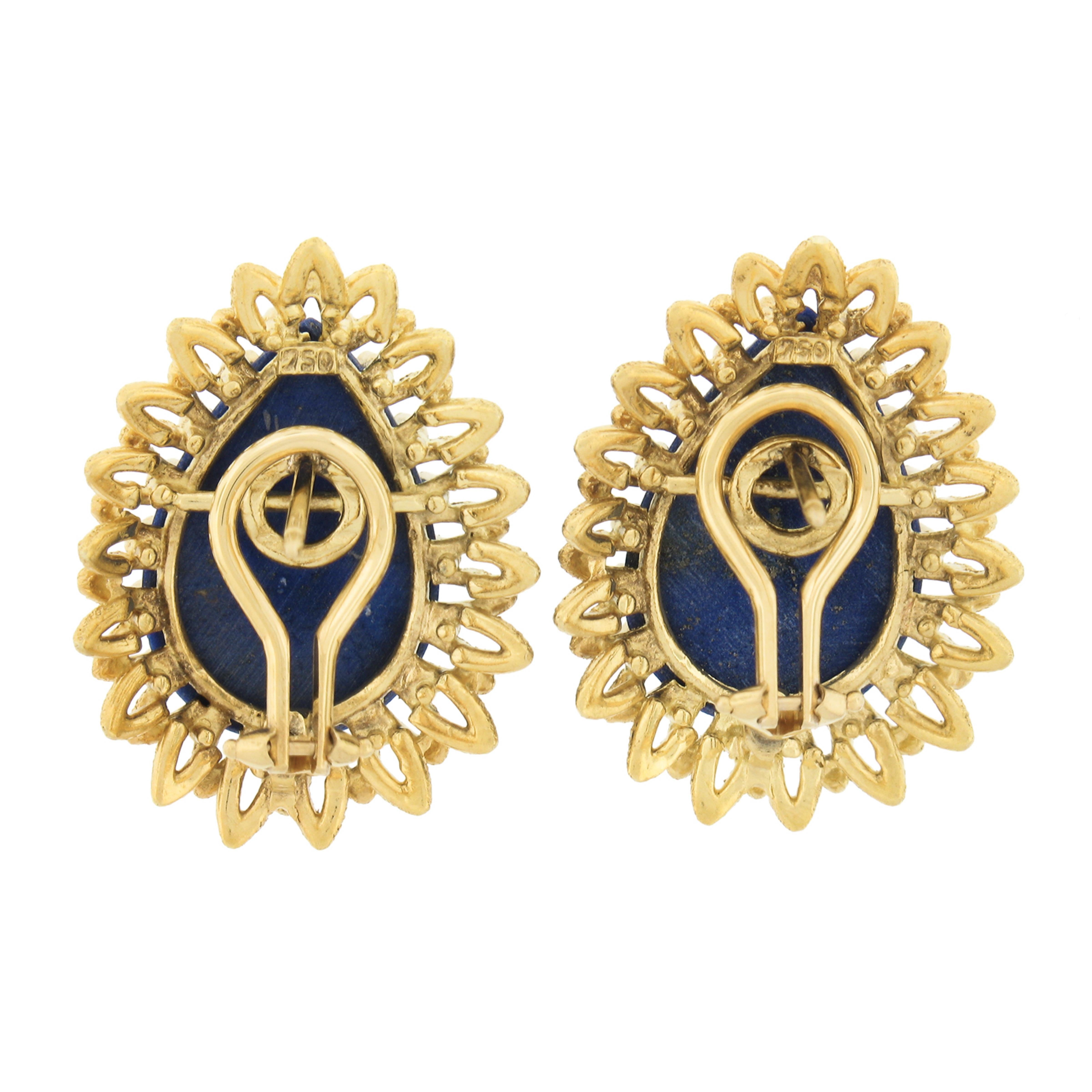 Women's Vintage 18K Gold Pear Cabochon Lapis W/ Flare Open Work Frame Tear Drop Earrings For Sale