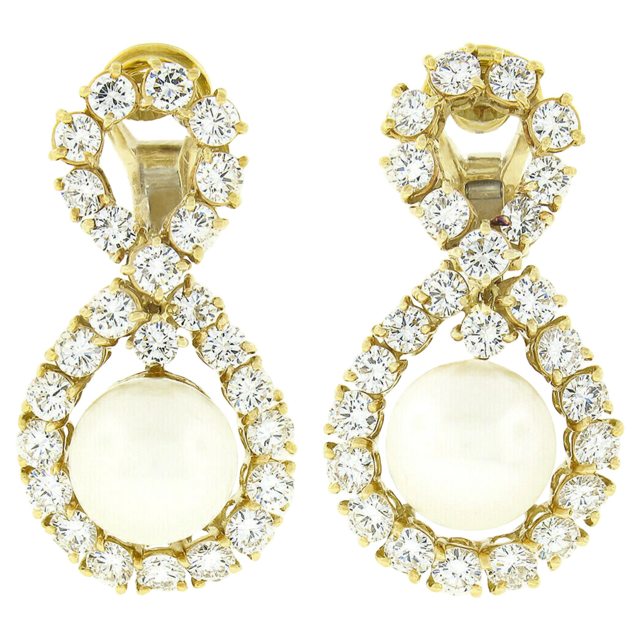 Vintage 18K Gold Pearl 9.5ctw Round Diamond Infinity Figure 8 Drop Earrings For Sale
