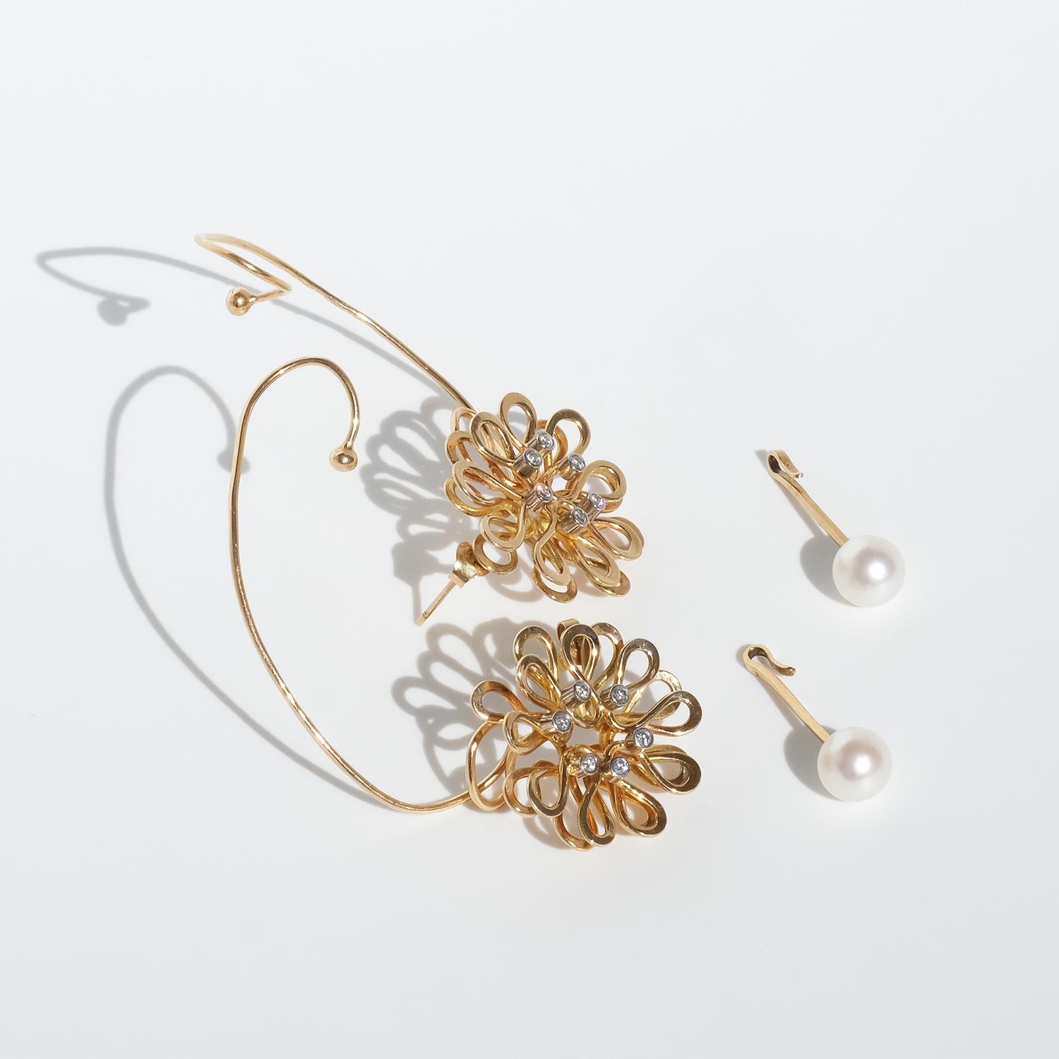 Brilliant Cut Vintage 18K Gold, Pearl and Diamonds Earrings by Sigurd Persson Made 1969