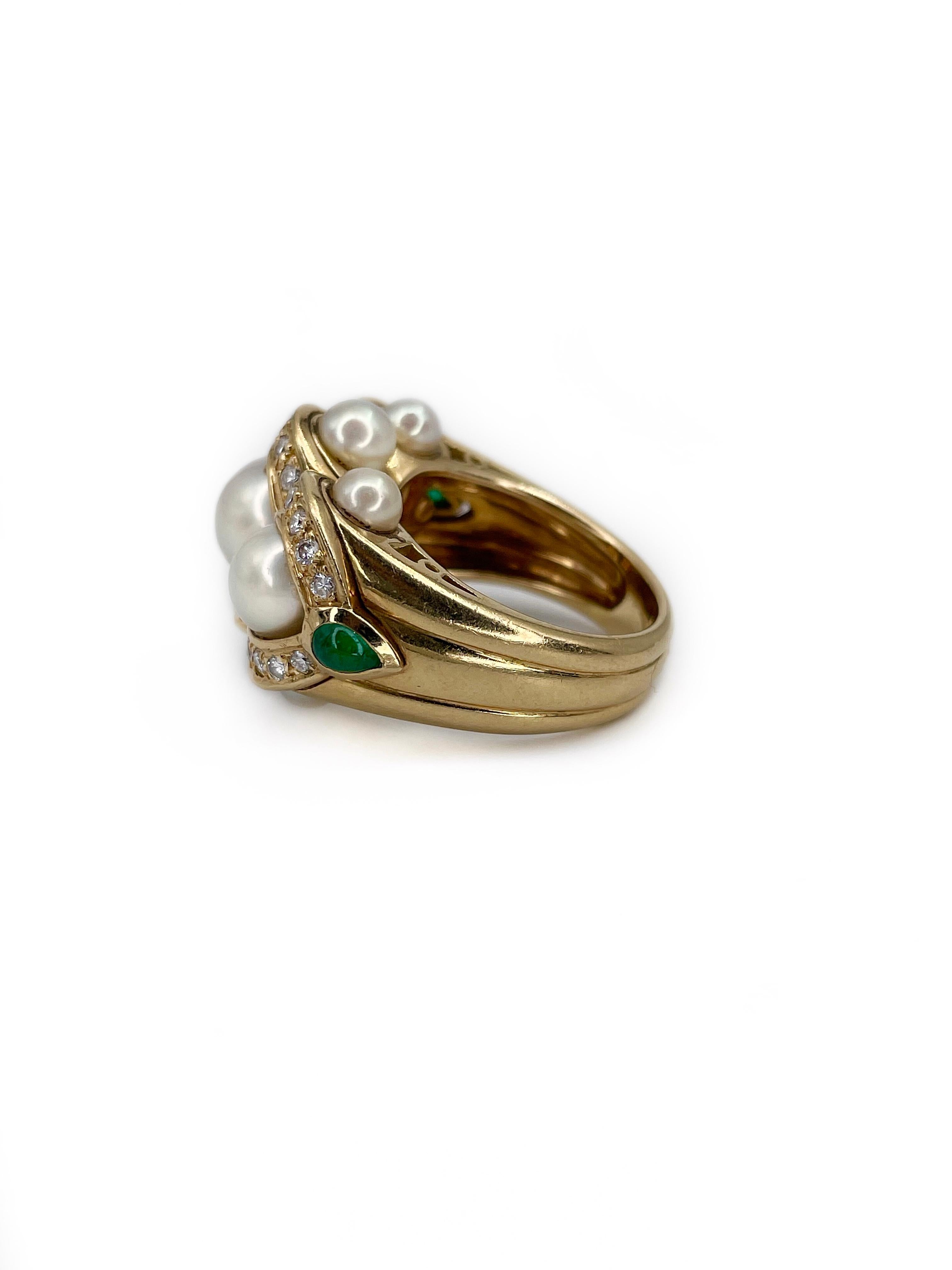 Round Cut Modern 18 Karat Gold Pearl 0.45 Carat Diamond Emerald Three Stone Cocktail Ring