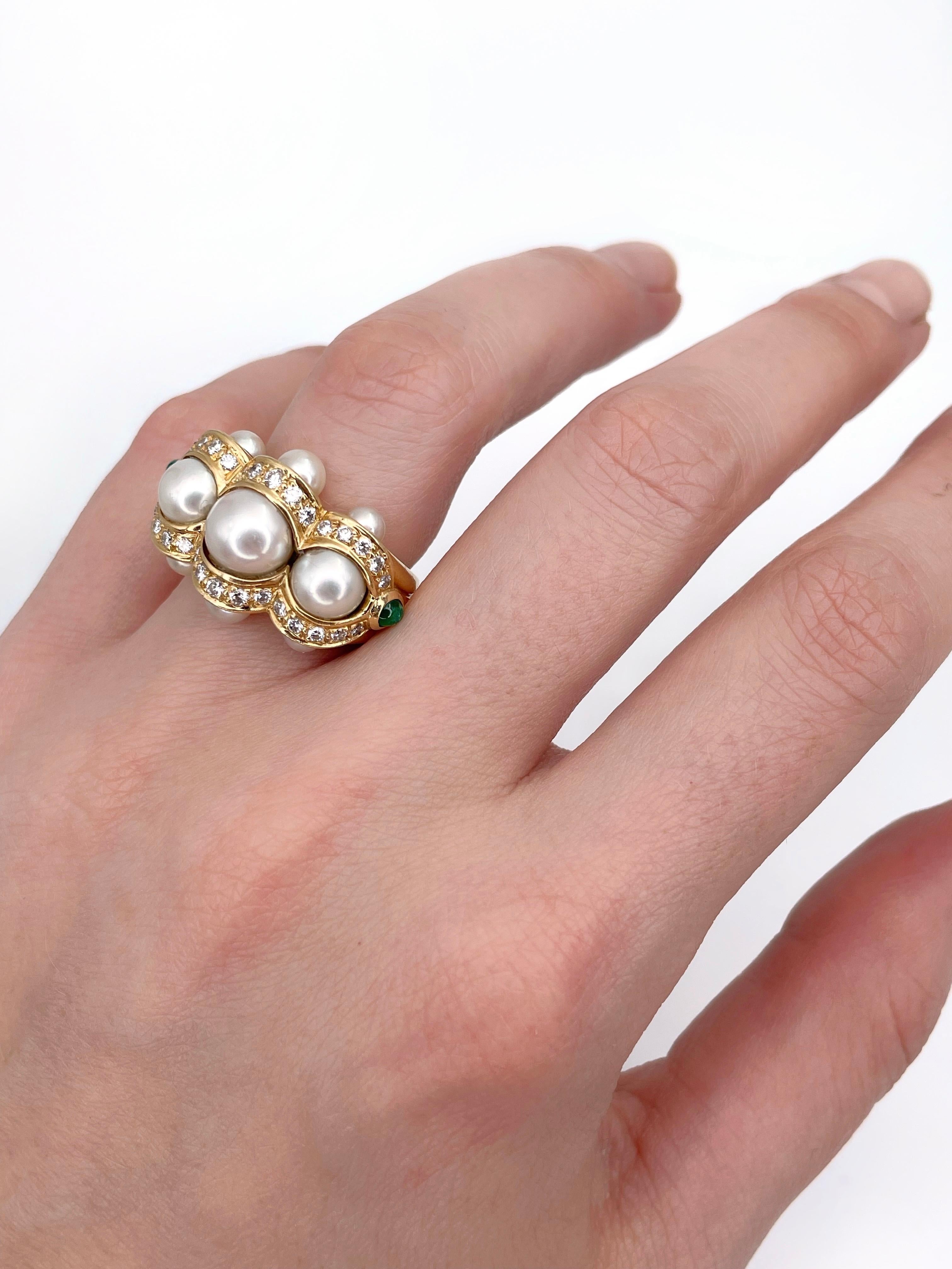 Women's Modern 18 Karat Gold Pearl 0.45 Carat Diamond Emerald Three Stone Cocktail Ring