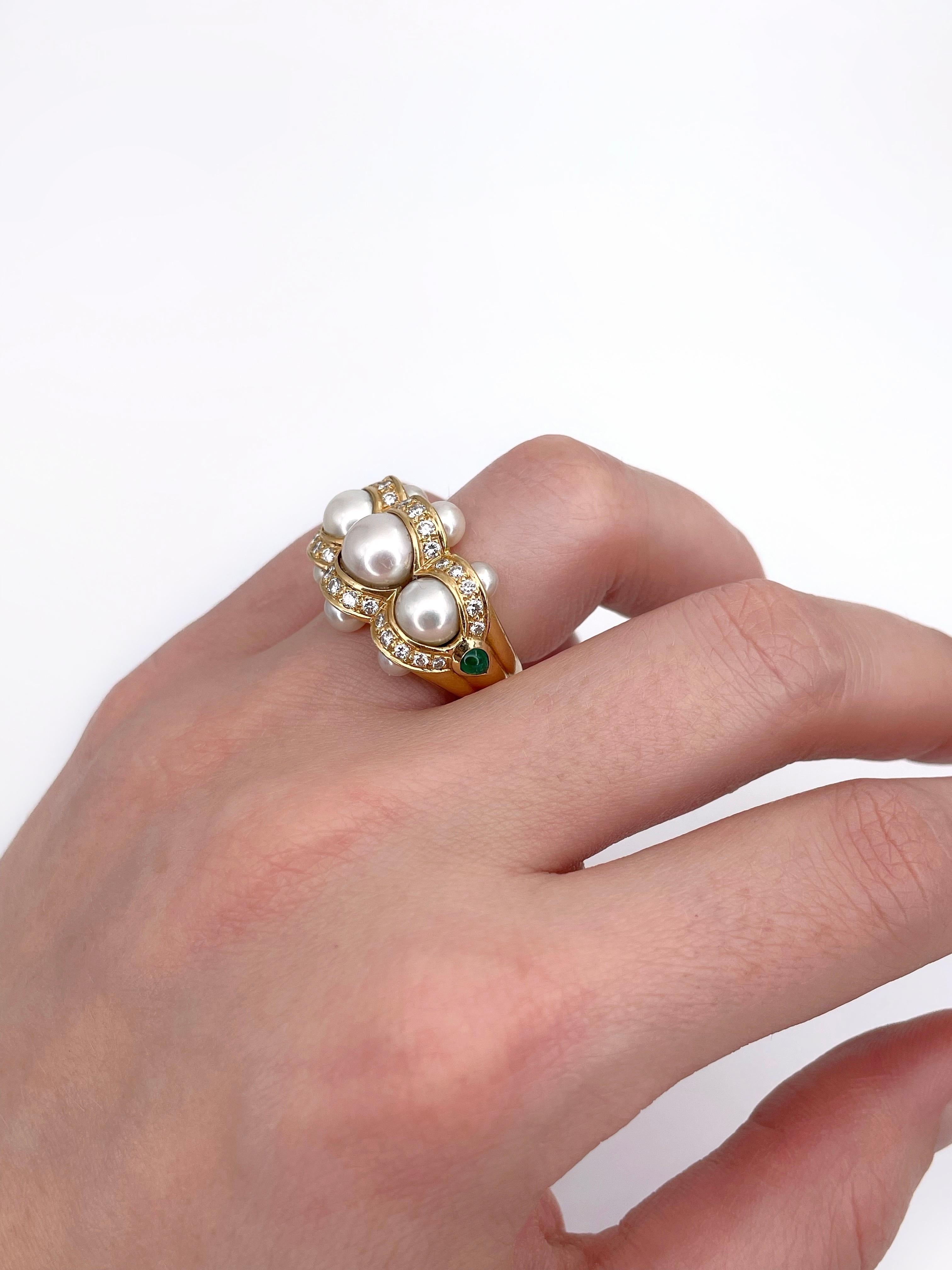 Modern 18 Karat Gold Pearl 0.45 Carat Diamond Emerald Three Stone Cocktail Ring 1