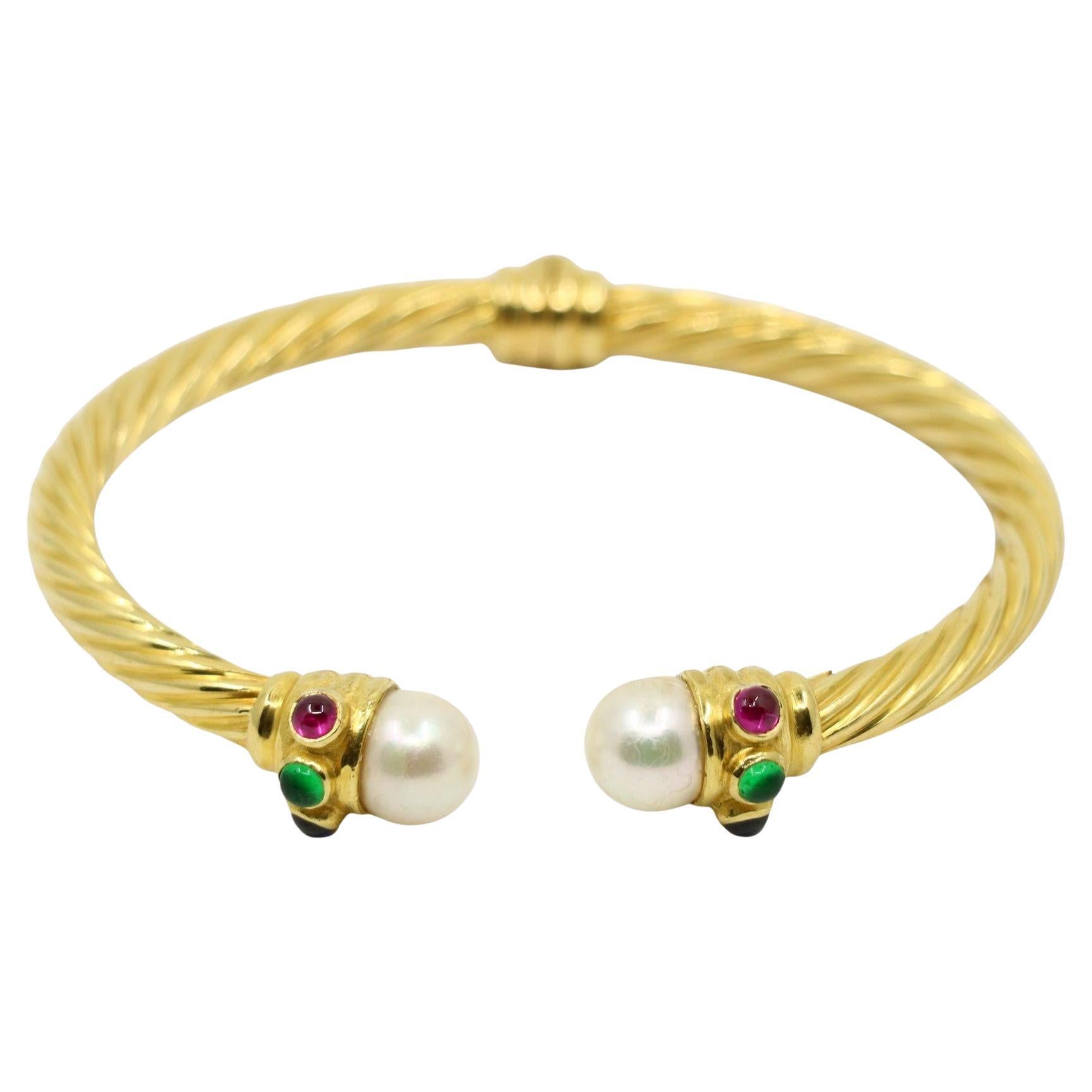 Vintage 18K Gold Pearl Ruby Sapphire Emerald Cuff Bracelet