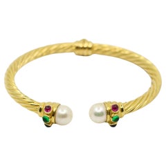 Vintage 18K Gold Pearl Ruby Sapphire Emerald Cuff Bracelet