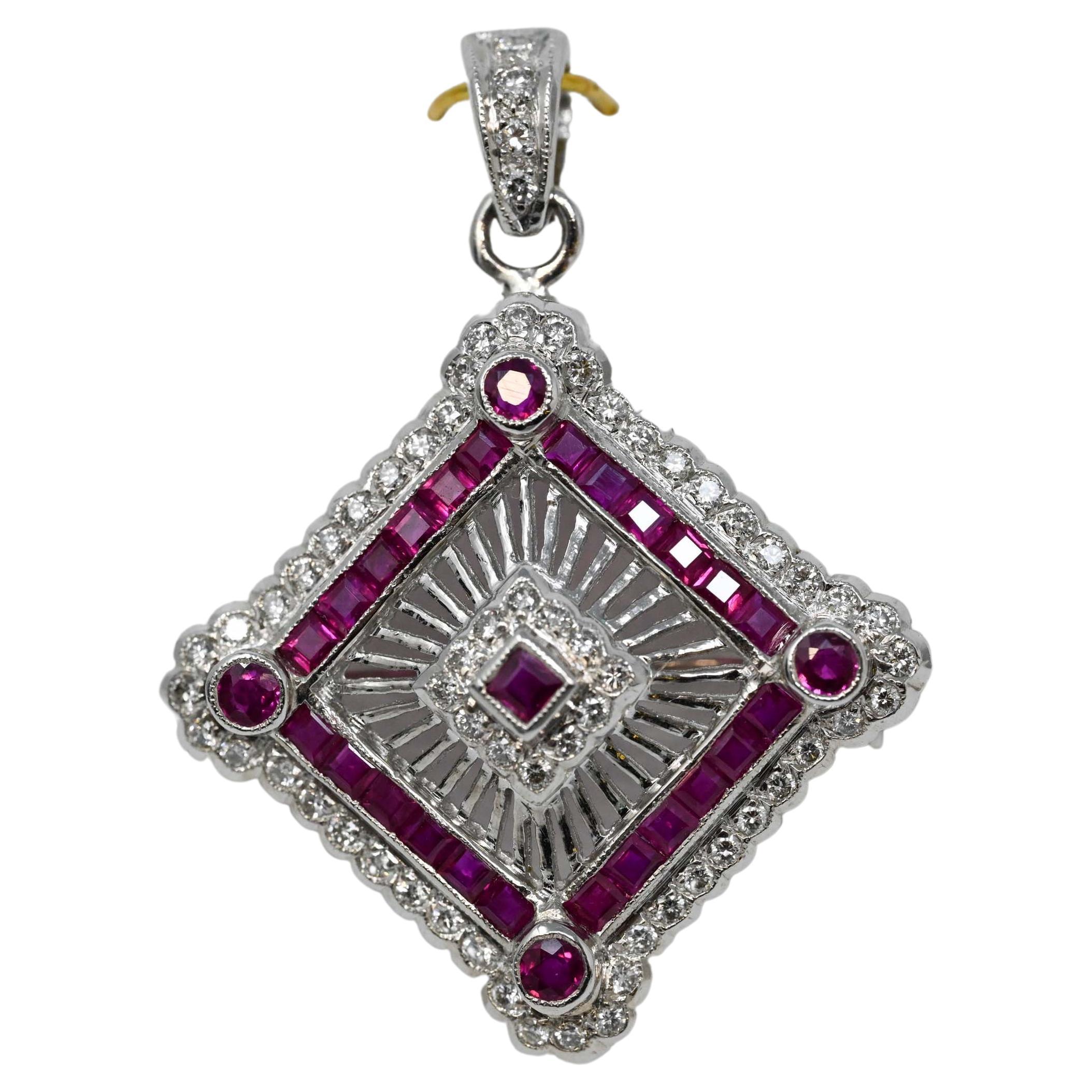 Vintage 18k Gold Pendant Diamonds and Rubies For Sale