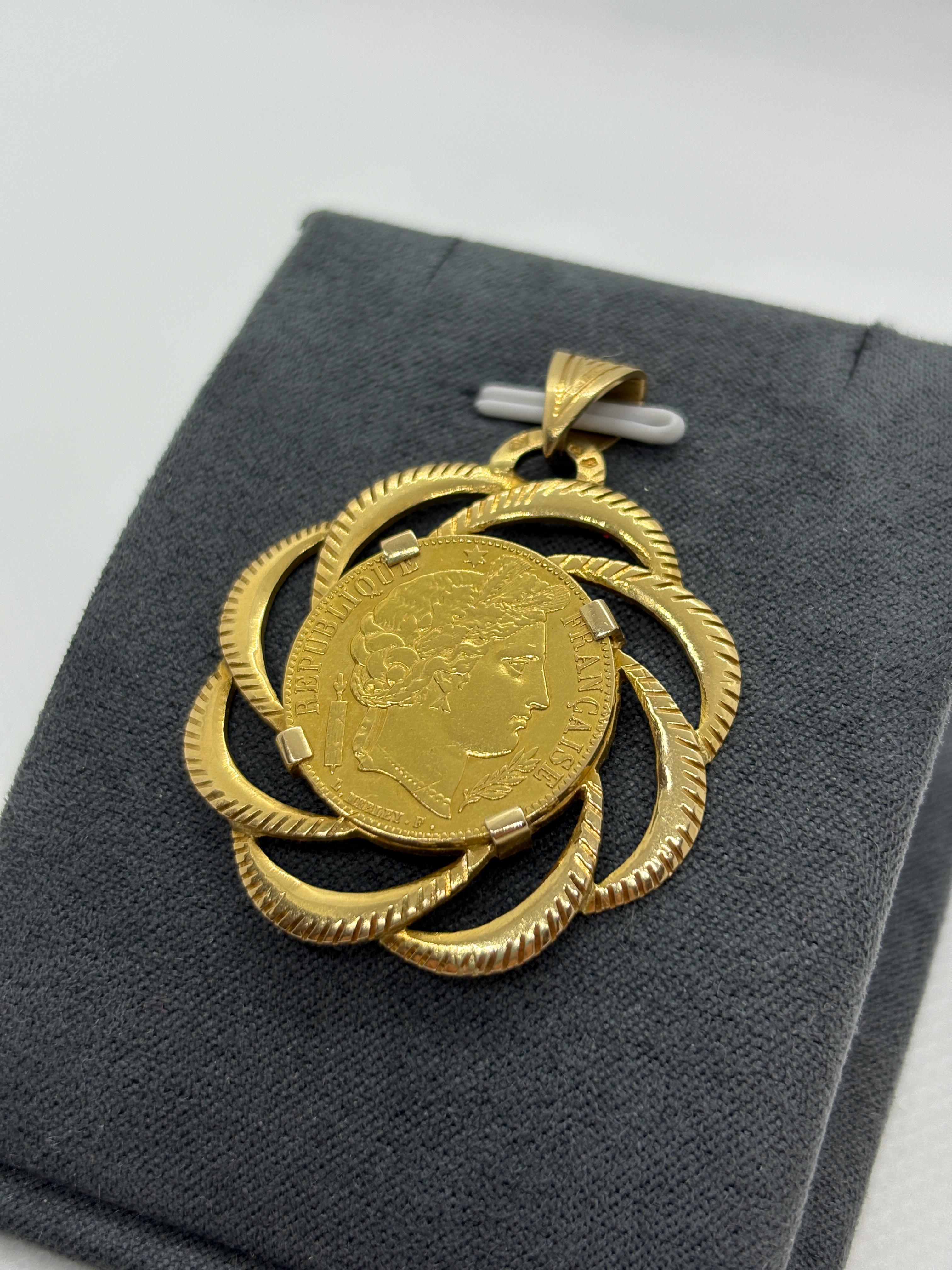 Artisan Pendentif Vintage en or 18k représentant une pièce de 20 Francs Cérès (1851 A) - Aigle Français en vente