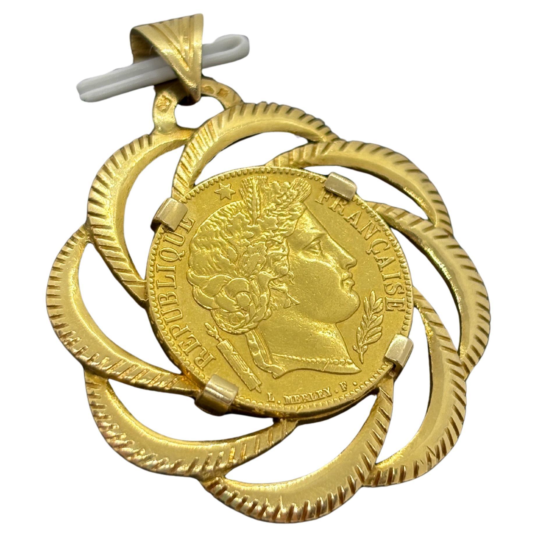 Vintage 18k Gold Pendant Featuring a 20 Francs Cérès Coin (1851 A) – French Eagl
