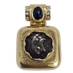 Vintage 18K Gold Anhänger mit antiker griechischer Münze, Saphir & Diamanten