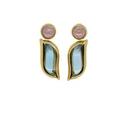 Vintage 18K Gold Pink Quartz and Blue Topaz Pierced Earrings