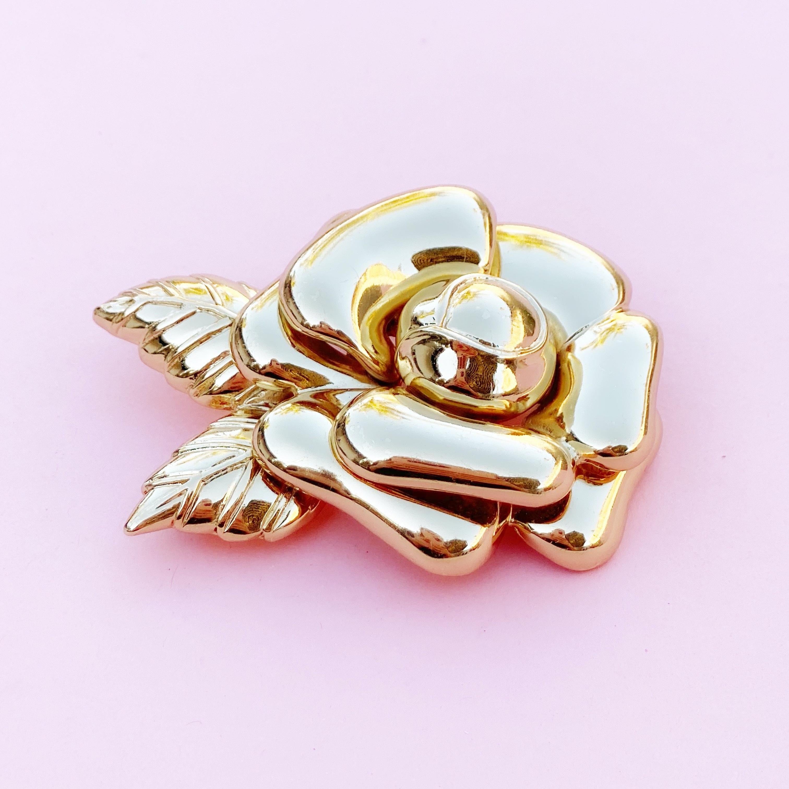 Vintage 18k Gold Plated Rose Brooch by Ciner, 1980s In Excellent Condition In McKinney, TX