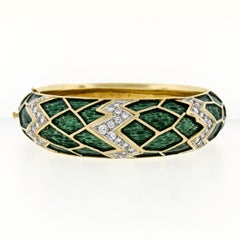 Vintage 18k Gold & Platinum 1.75ctw Diamond Green Enamel Hinged Bangle Bracelet