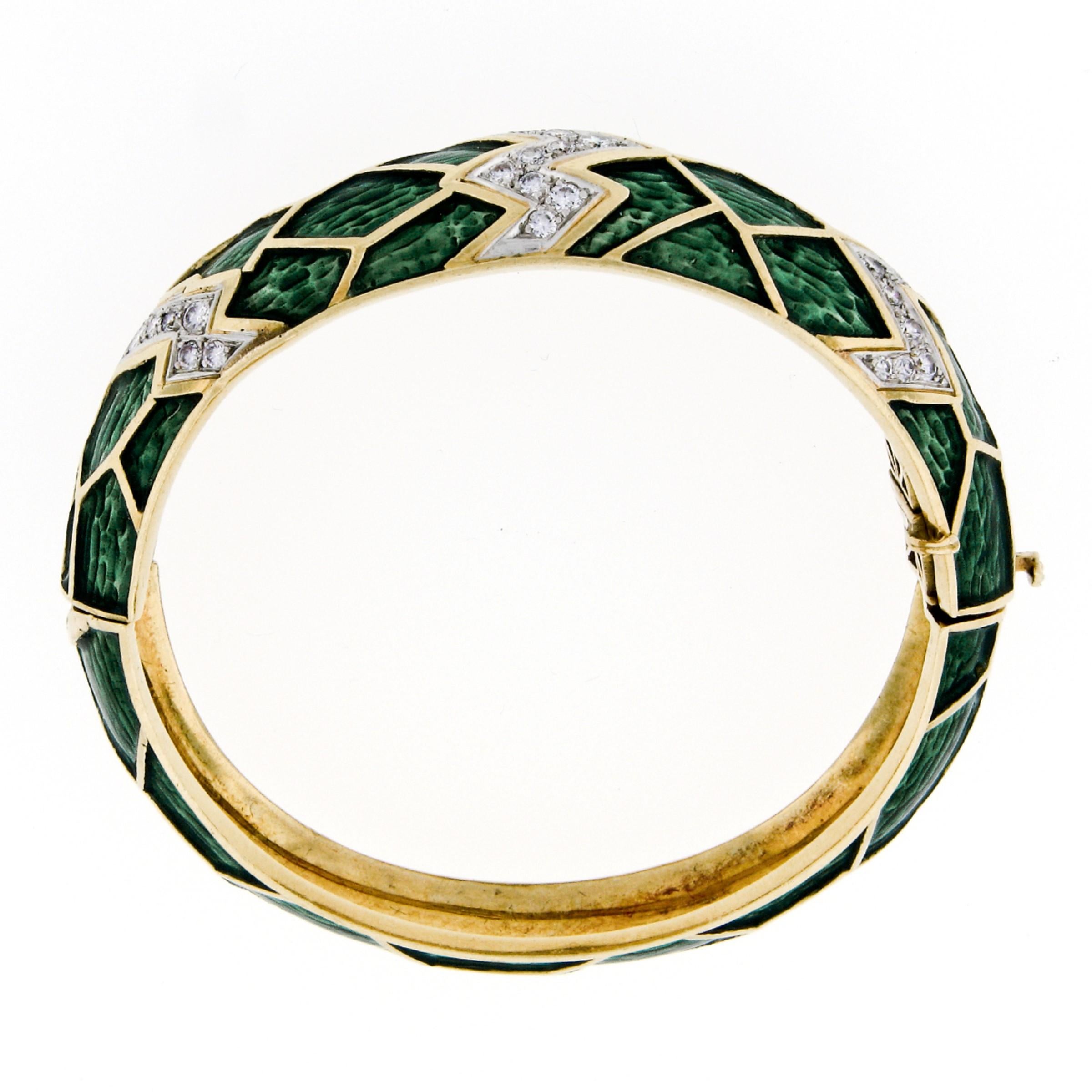 Round Cut Vintage 18k Gold & Platinum 1.75ctw Diamond Green Enamel Hinged Bangle Bracelet