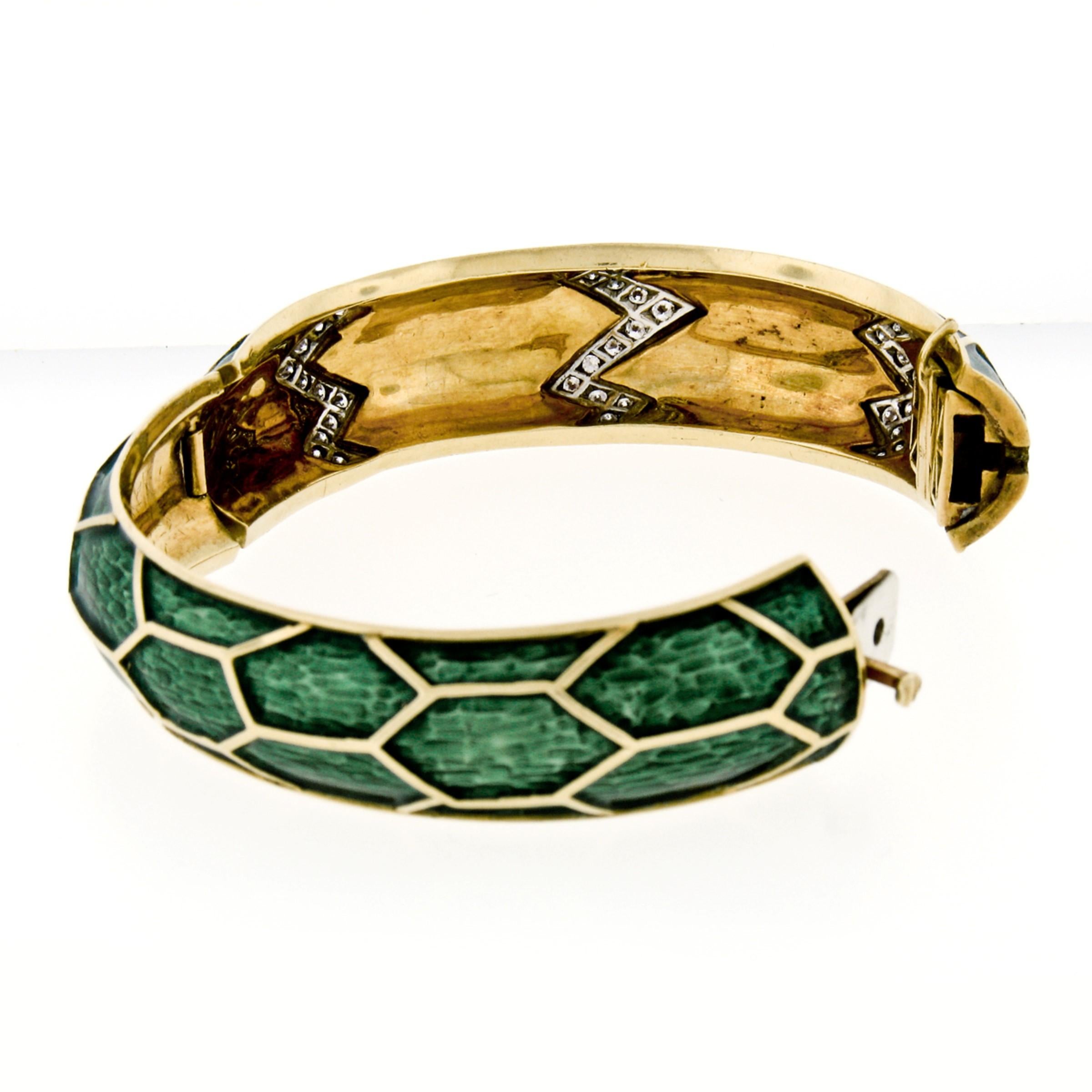 Vintage 18k Gold & Platinum 1.75ctw Diamond Green Enamel Hinged Bangle Bracelet 1