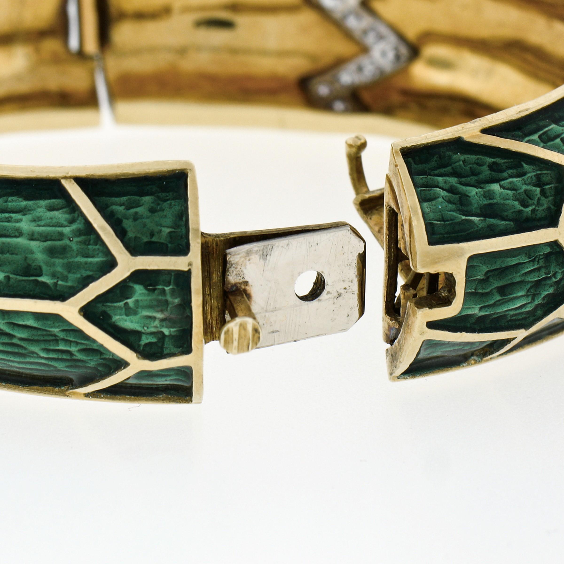 Vintage 18k Gold & Platinum 1.75ctw Diamond Green Enamel Hinged Bangle Bracelet 2