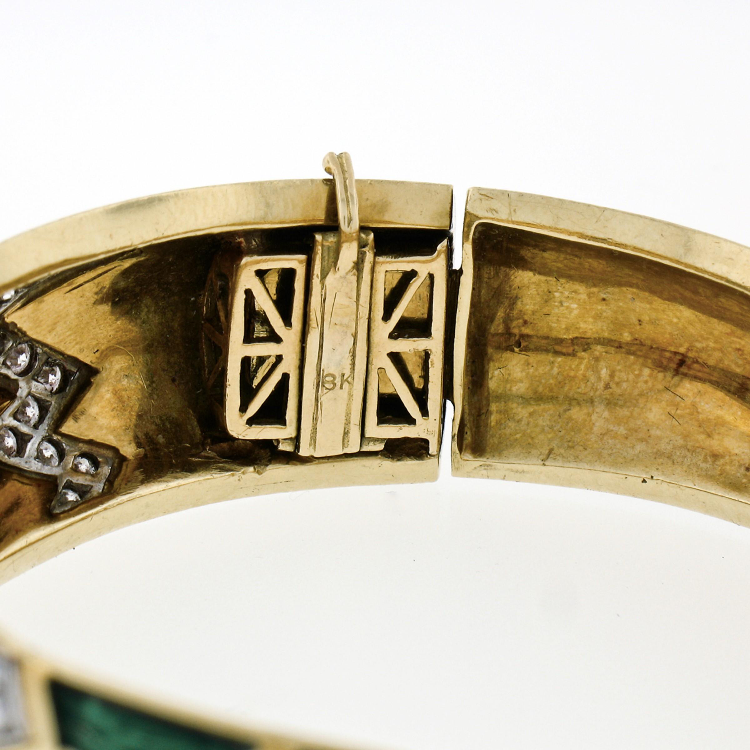 Vintage 18k Gold & Platinum 1.75ctw Diamond Green Enamel Hinged Bangle Bracelet 4