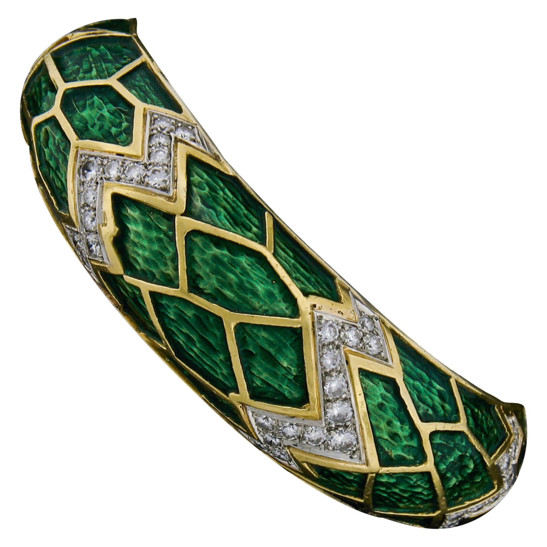 Vintage 18k Gold & Platinum 1.75ctw Diamond Green Enamel Hinged Bangle Bracelet