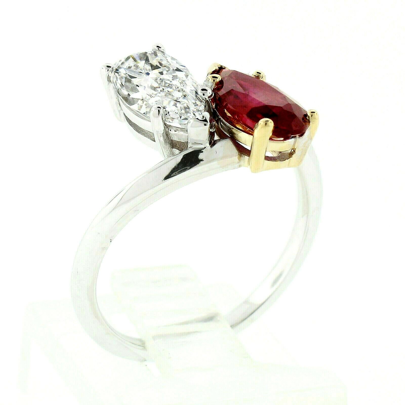 Vintage 18K Gold Platinum 2.29ctw GIA Pear Ruby & Diamond Moi et Toi Bypass Ring In Good Condition In Montclair, NJ